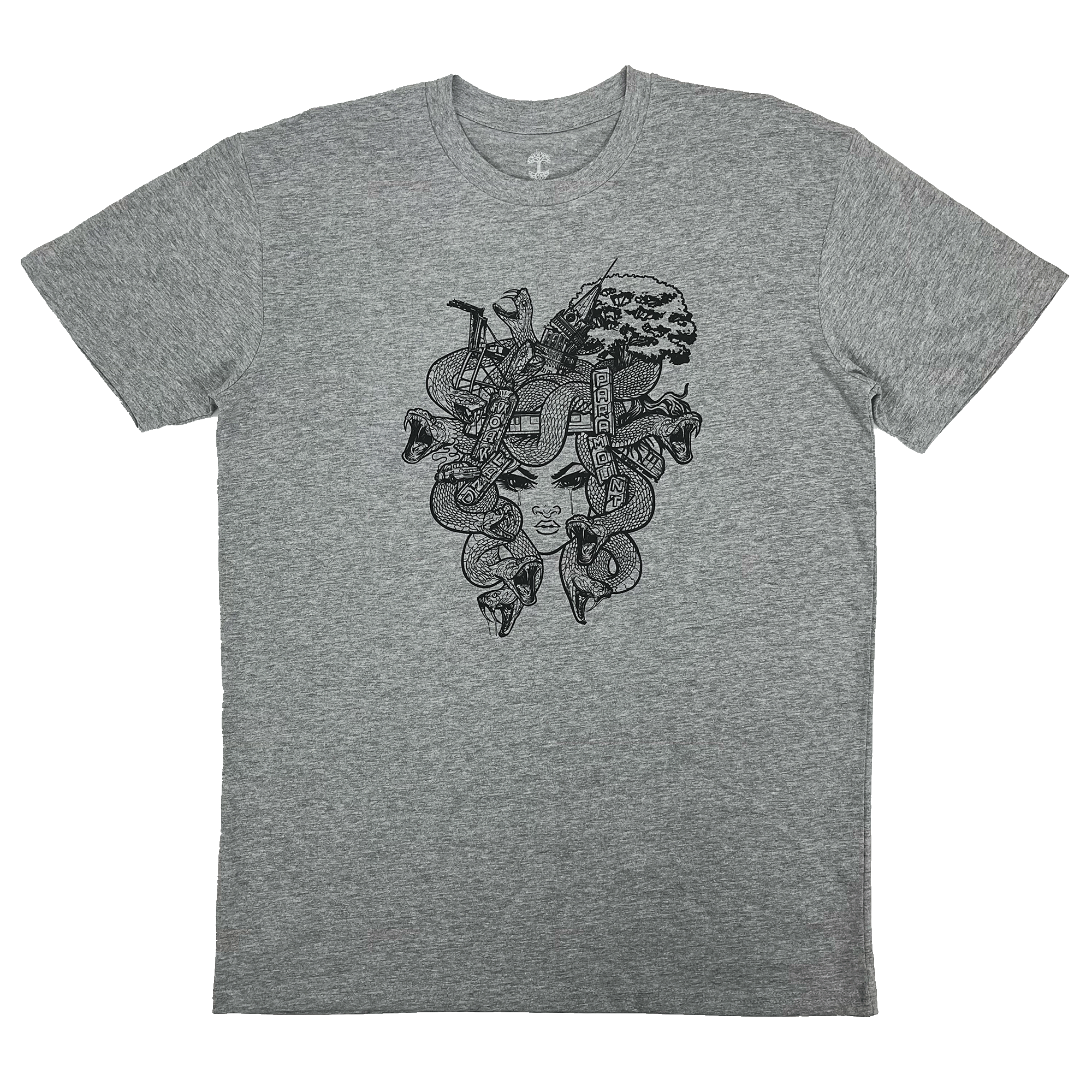 Front view of an athletic grey t-shirt with elaborate Medusa monster of the mind graphic.