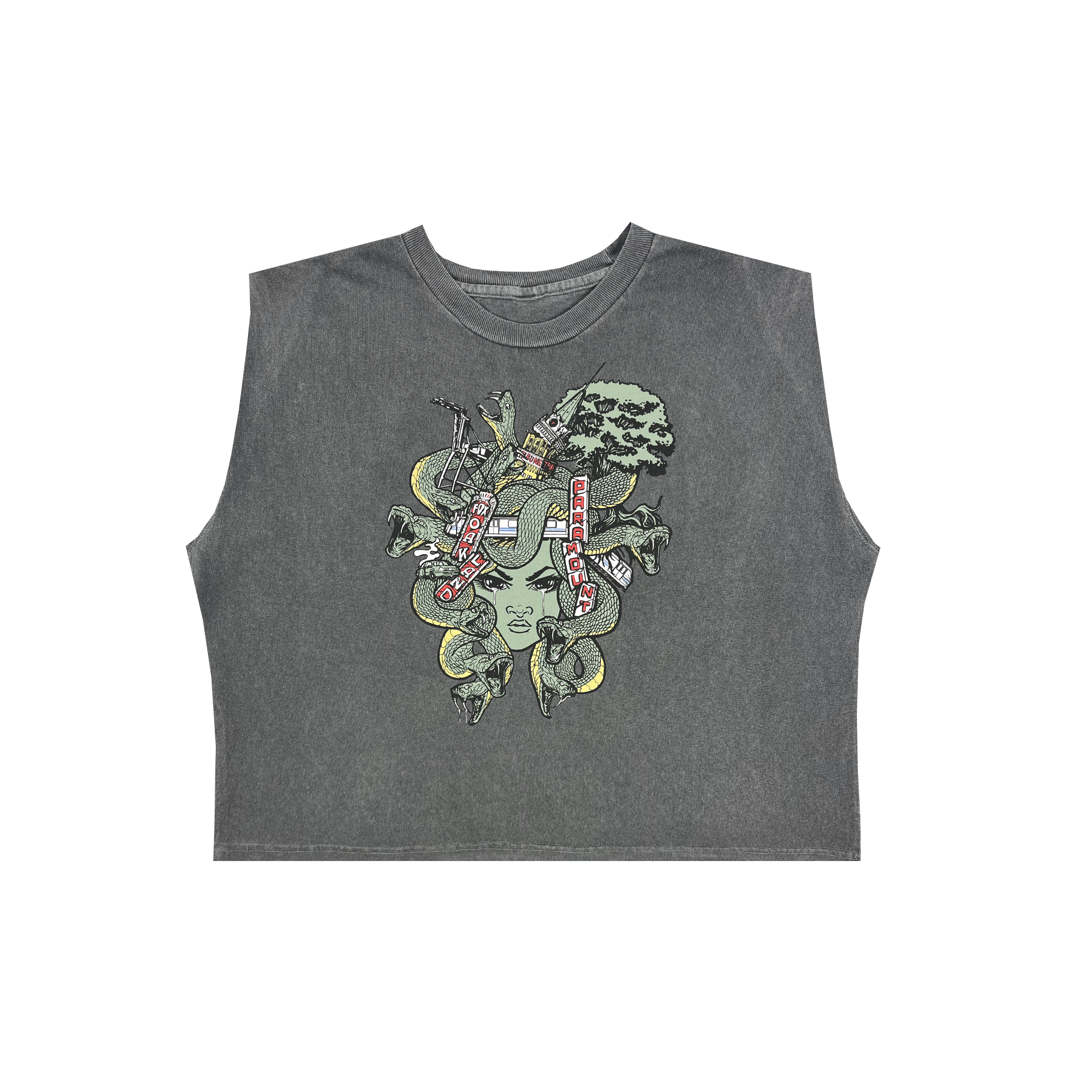 Front view of a faded black boxy fit tank top with green, black, and red Oakland Medusa graphic on the front chest.