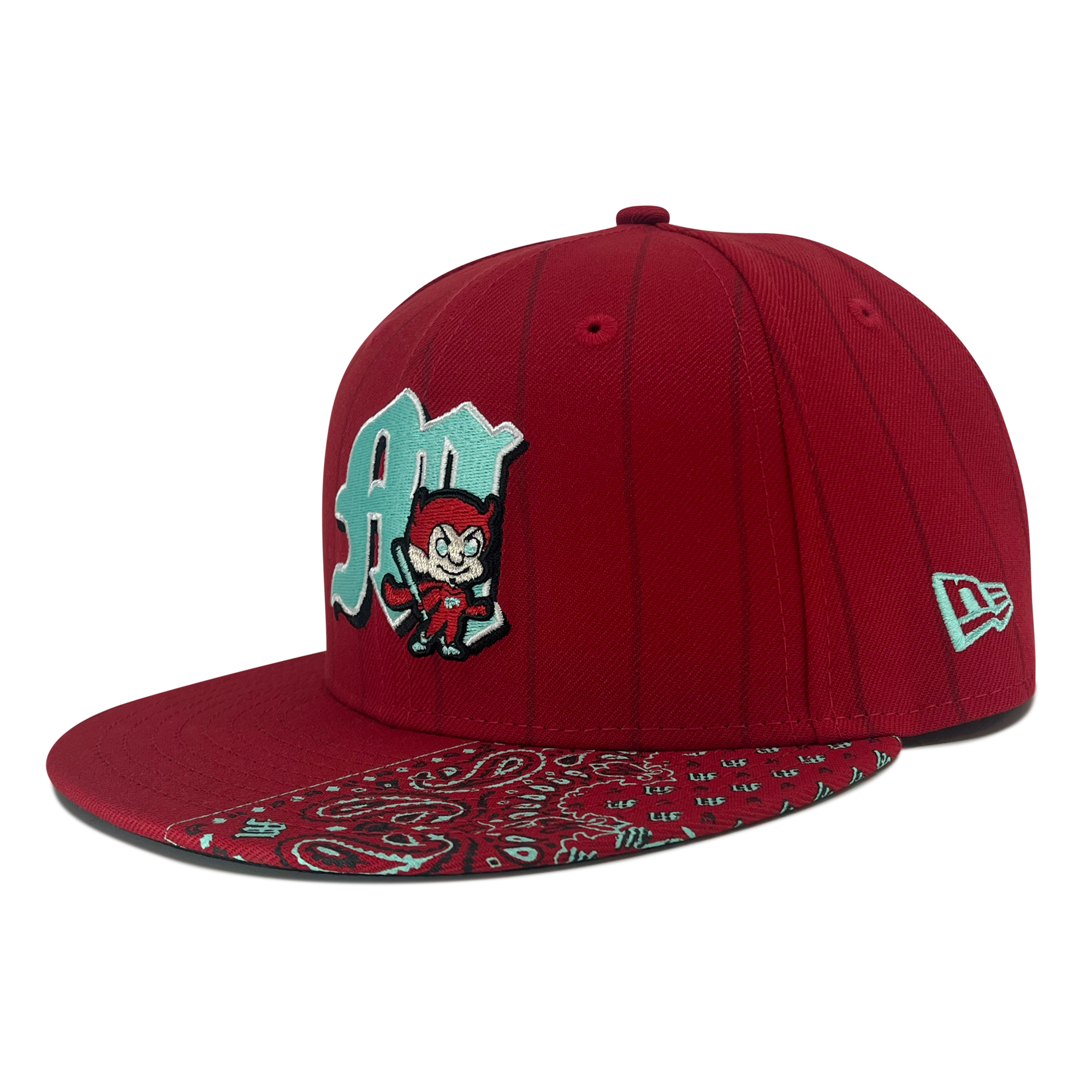 The New Era Diablos Pinstripe 59FIFTY Cap by Retail Vendors is a red fitted cap featuring a white "A" emblem with a cartoon devil character. The brim's underside showcases an intricate red and white paisley pattern, and the cap is crafted from 100% polyester. The New Era flag logo is embroidered in white on the side, with subtle vertical pinstripes throughout.