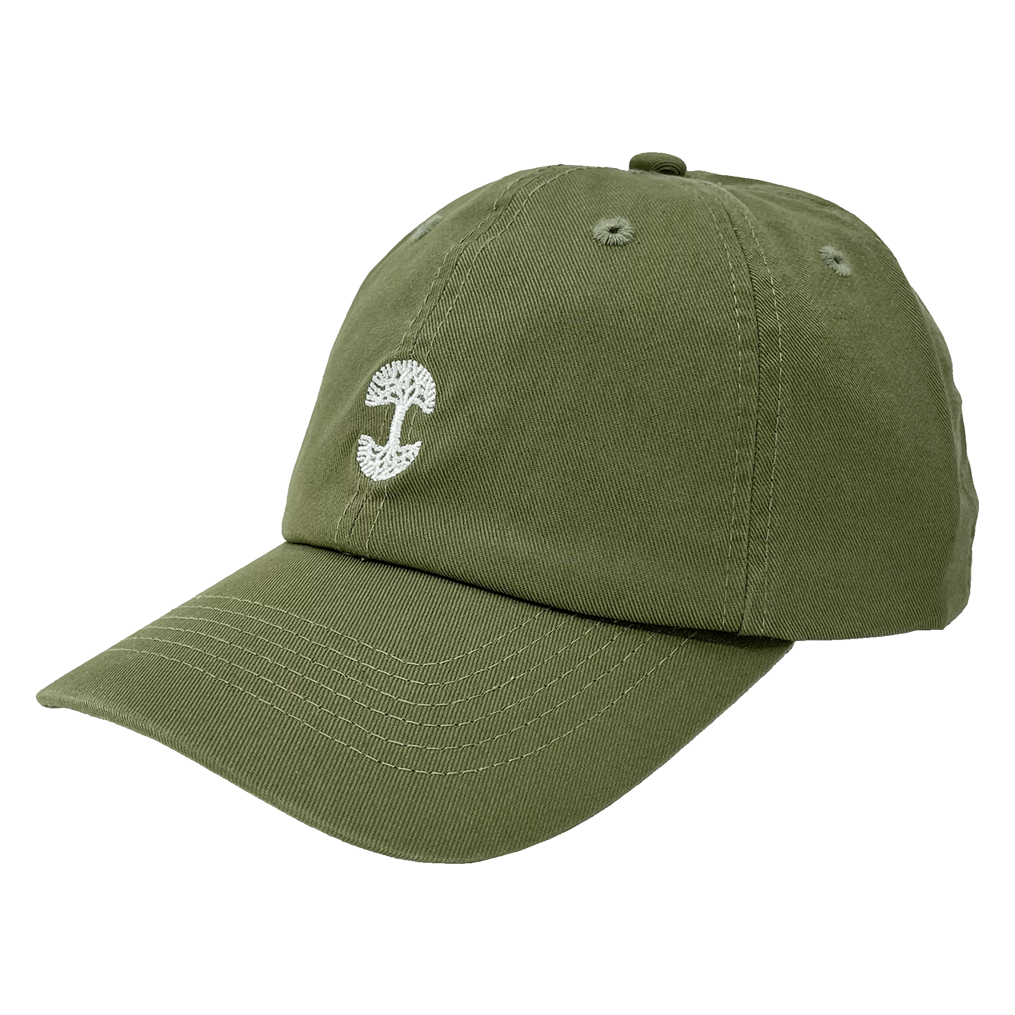 Side view of army green dad cap with micro-sized white embroidered Oaklandish tree logo on the crown.