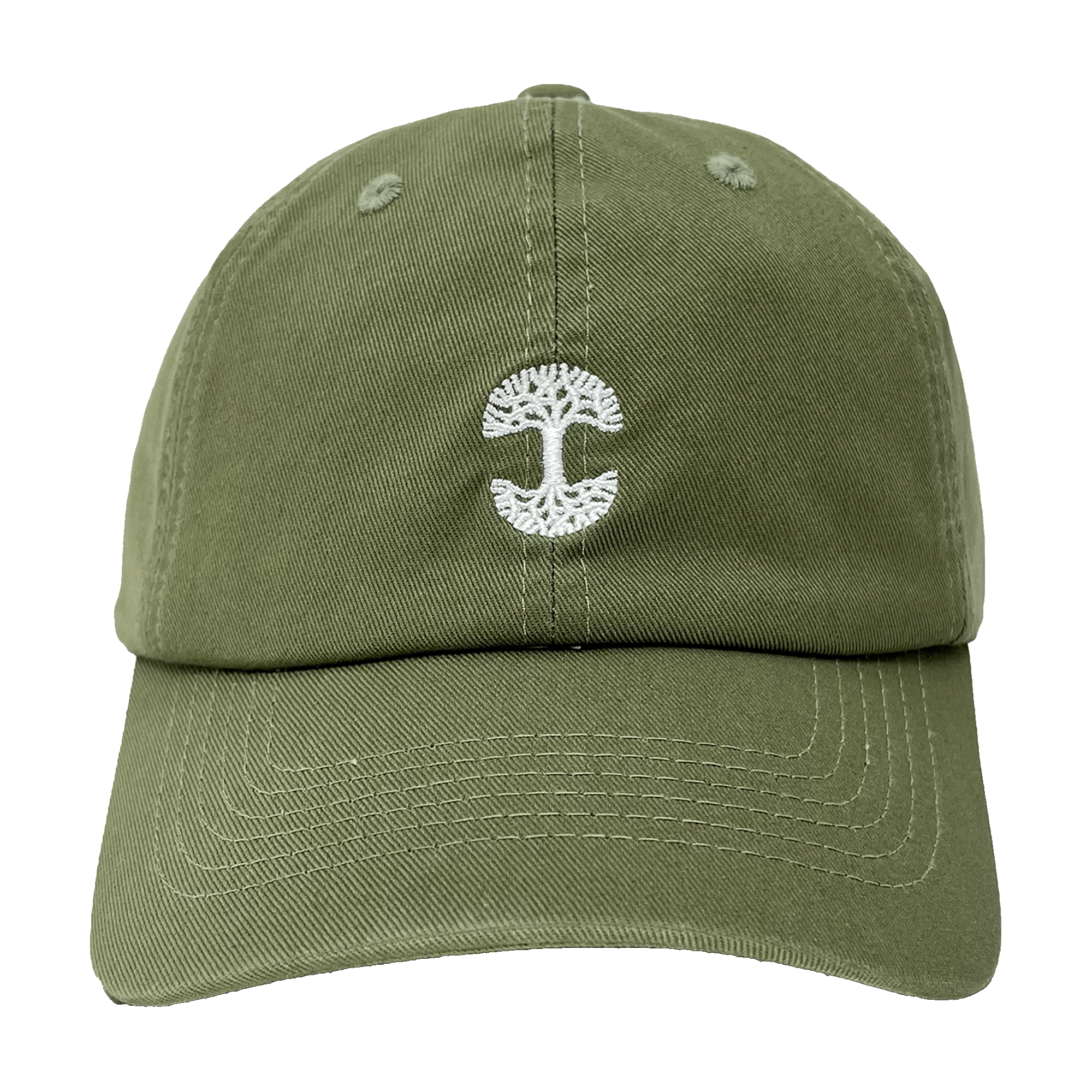 Front view of army green dad cap with micro-sized white embroidered Oaklandish tree logo on the crown.