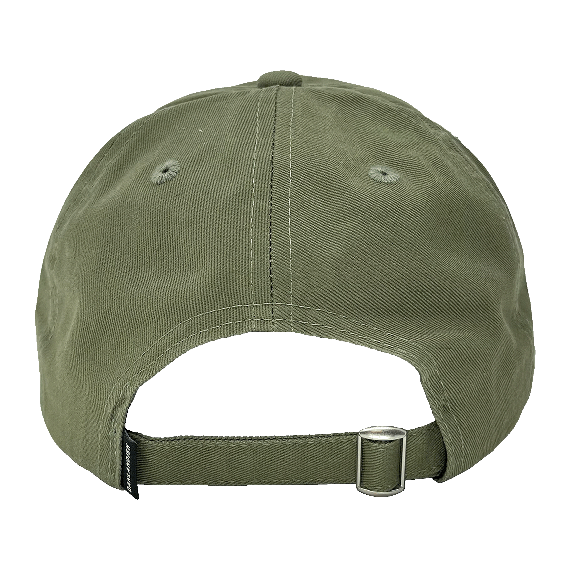 The backside view of an army green dad cap with a strapback closure and a small Oaklandish wordmark tag.