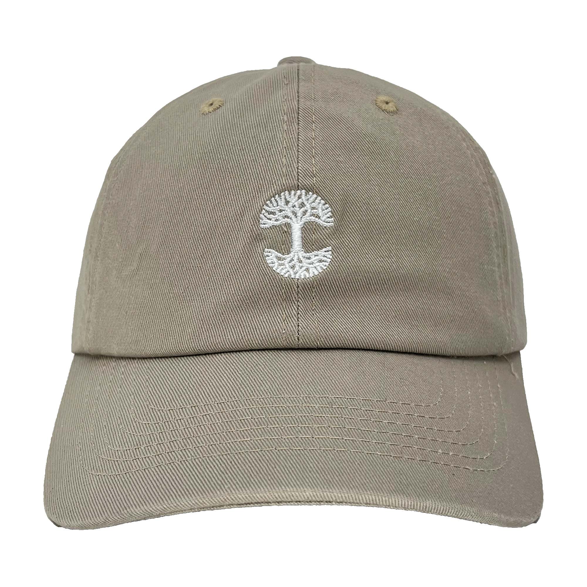 Front view of Khaki brown dad cap with micro-sized white embroidered Oaklandish tree logo on the crown.