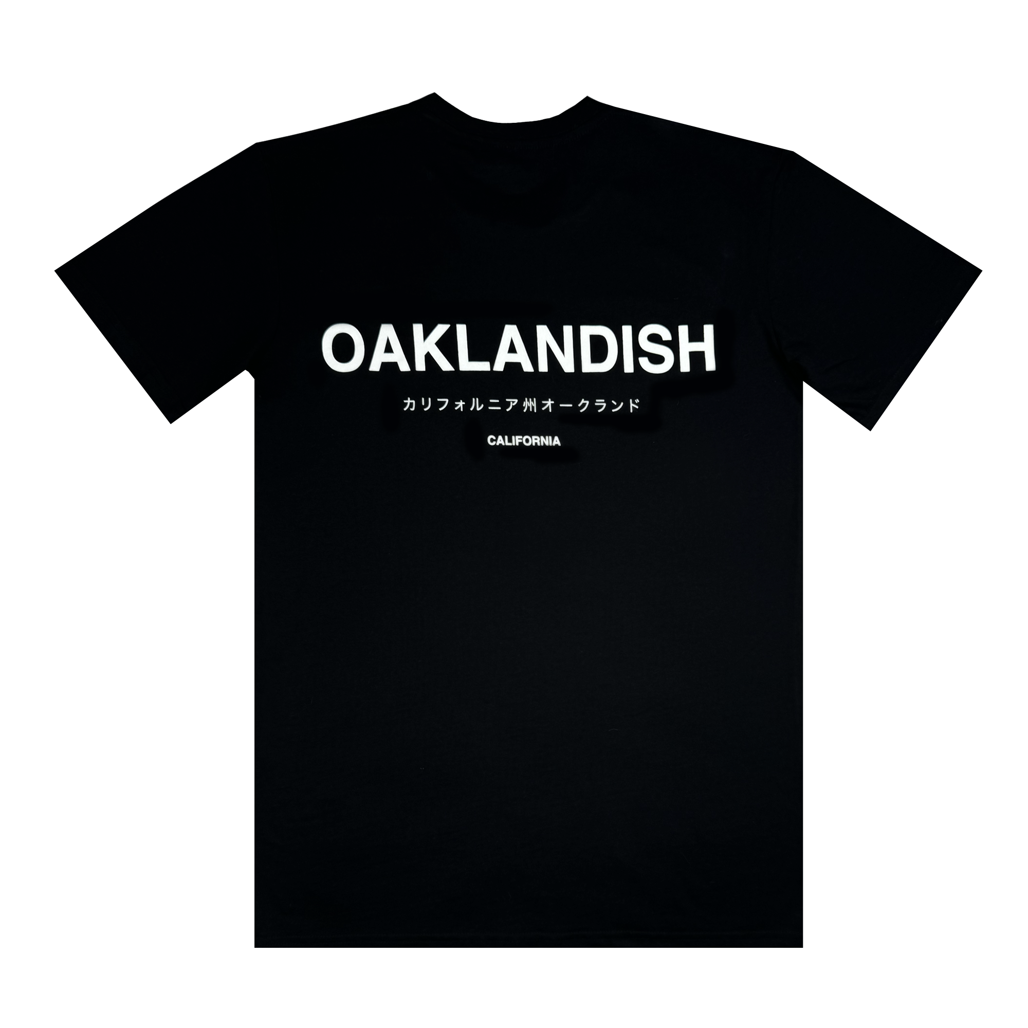 Introducing the Modern Type Tee by Oaklandish: a black cotton T-shirt featuring "OAKLANDISH" in bold, white capital letters across the back. Below, smaller Japanese characters elegantly spell "Oakland," while the word "CALIFORNIA" is displayed in white against a small black rectangle. It's an ideal choice for men who value stylish comfort.