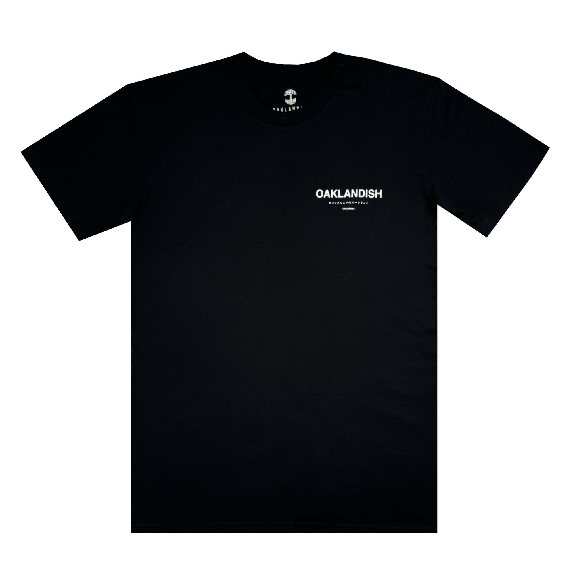 The Modern Type Tee from Oaklandish is a men's black cotton T-shirt featuring "OAKLANDISH" printed in white on the upper left chest area and the logo centered at the neck on the back. This classic crew neck design with short sleeves provides a comfortable fit.