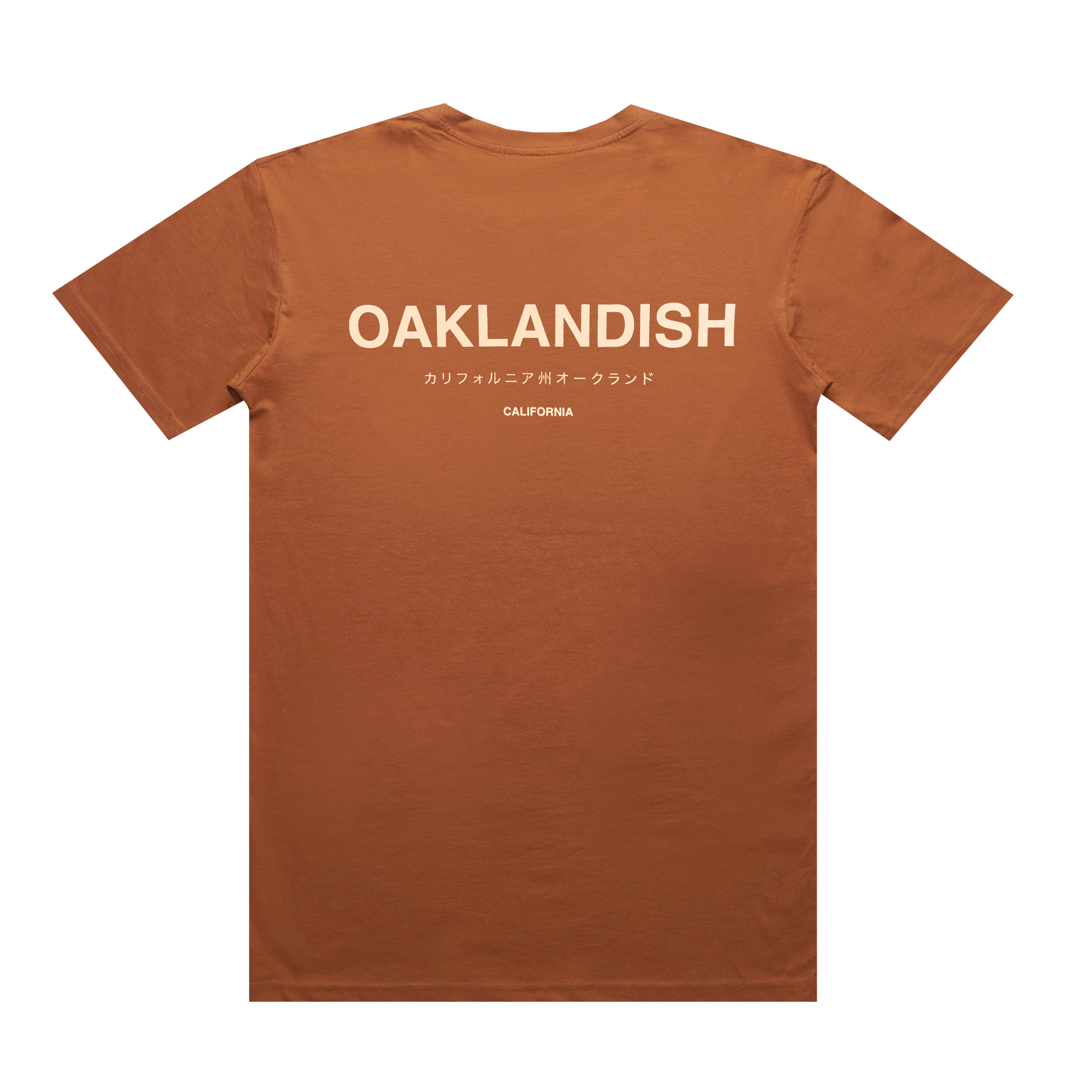 The Modern Type Tee by Oaklandish is a brown men's t-shirt featuring "OAKLANDISH" in large white letters on the back. Below, there is smaller Japanese text reading "カリフォルニアオーランド," with "CALIFORNIA" centered beneath in white. The t-shirt is made from 100% cotton and has a simple crew neck design.