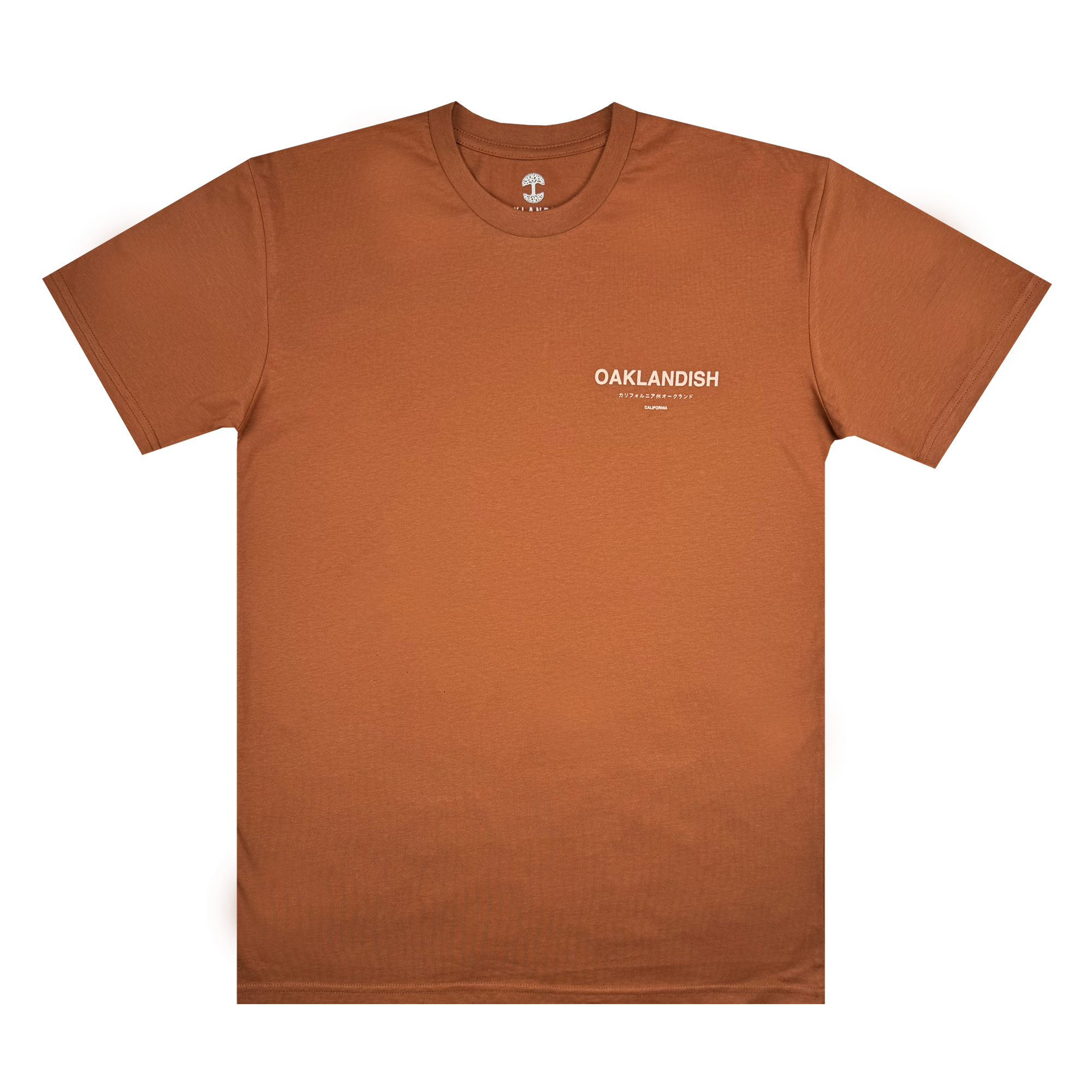 Modern Type Tee designed by Oaklandish, made from 100% cotton in a brown color. It showcases "OAKLANDISH" in bold white uppercase letters on the upper left chest, with "MADE IN OAKLAND" beneath in smaller font. This men's shirt is displayed flat against a solid white background.