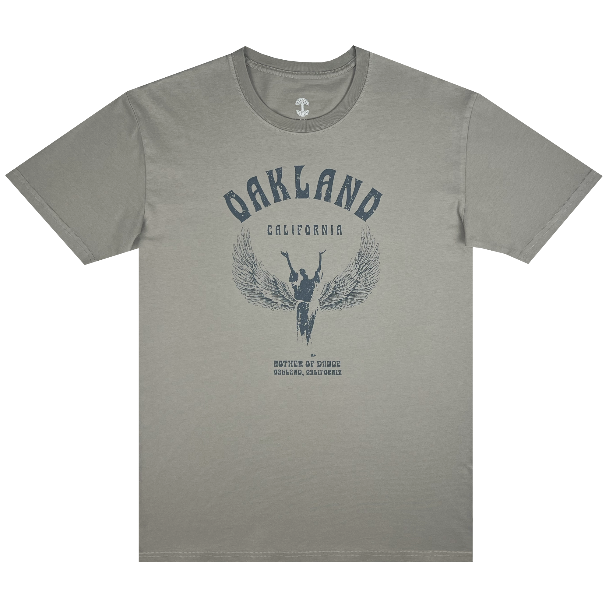 Front view of a dust-colored t-shirt with Oakland California graphic celebrating Isadora Duncan, pioneer of modern dance.
