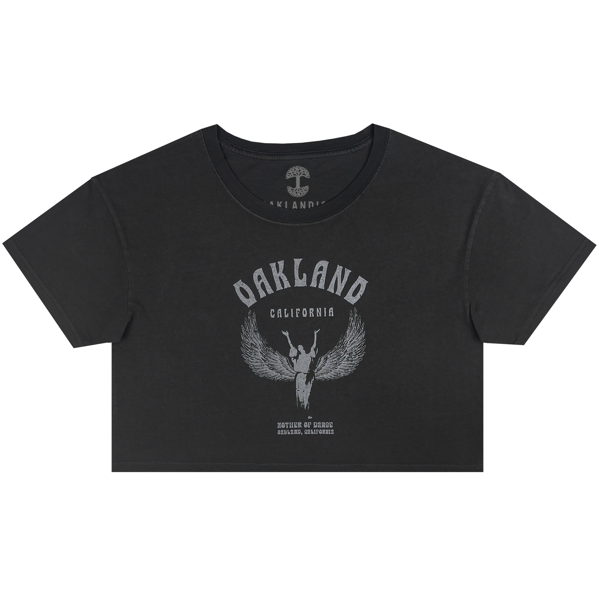 Front view of a faded black cropped women’s t-shirt with Oakland California graphic celebrating Isadora Duncan, pioneer of modern dance.