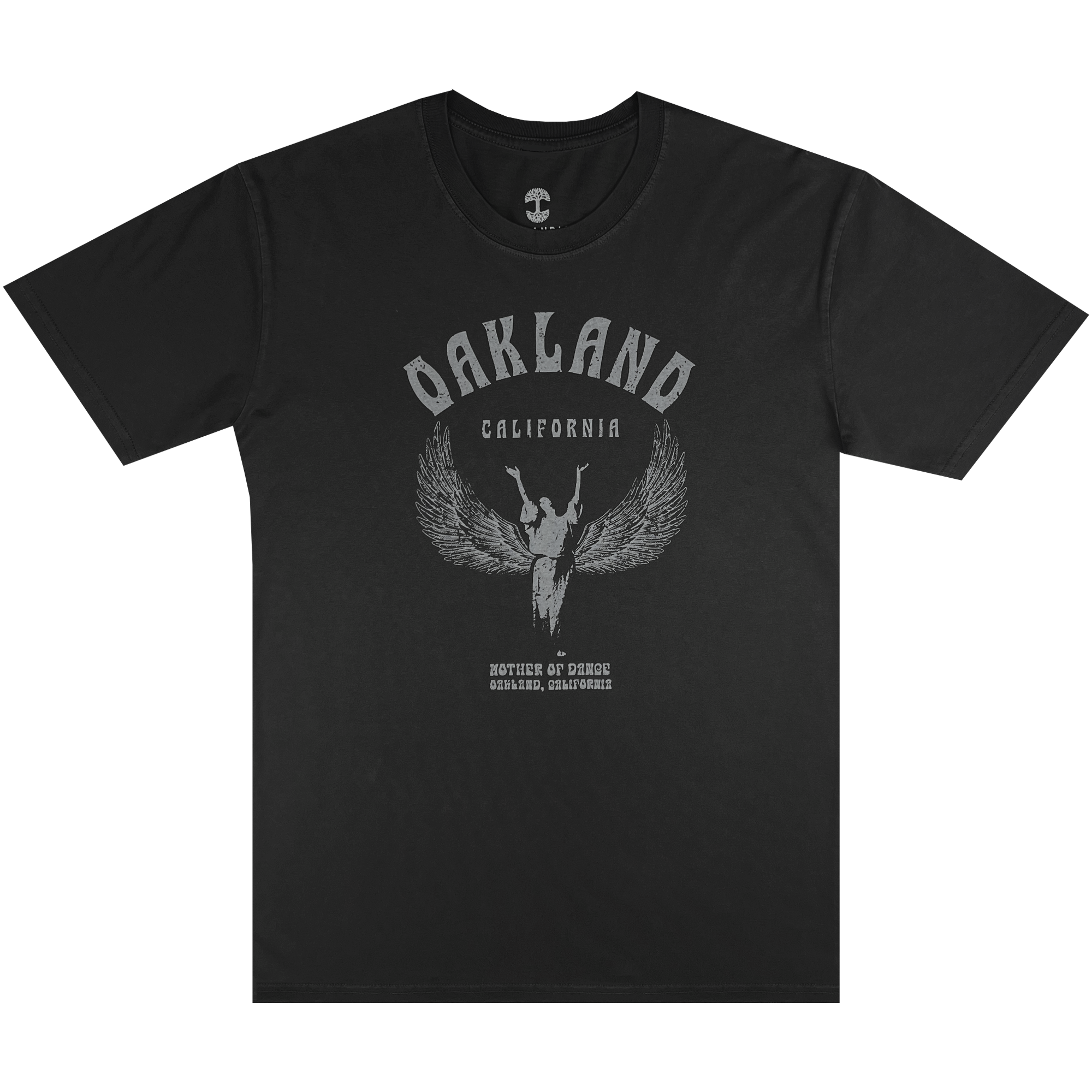 Front view of a faded black t-shirt with Oakland California graphic celebrating Isadora Duncan, pioneer of modern dance.