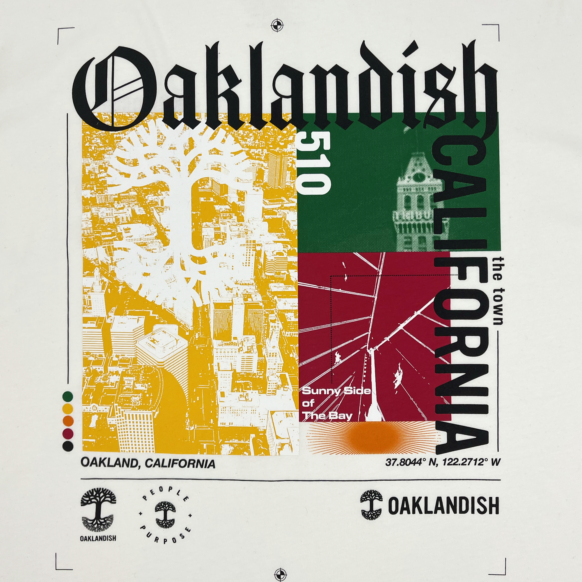 Close-up of abstract yellow, green, and red motif graphic with Oaklandish California wordmarks and logos on a natural cotton-colored t-shirt.