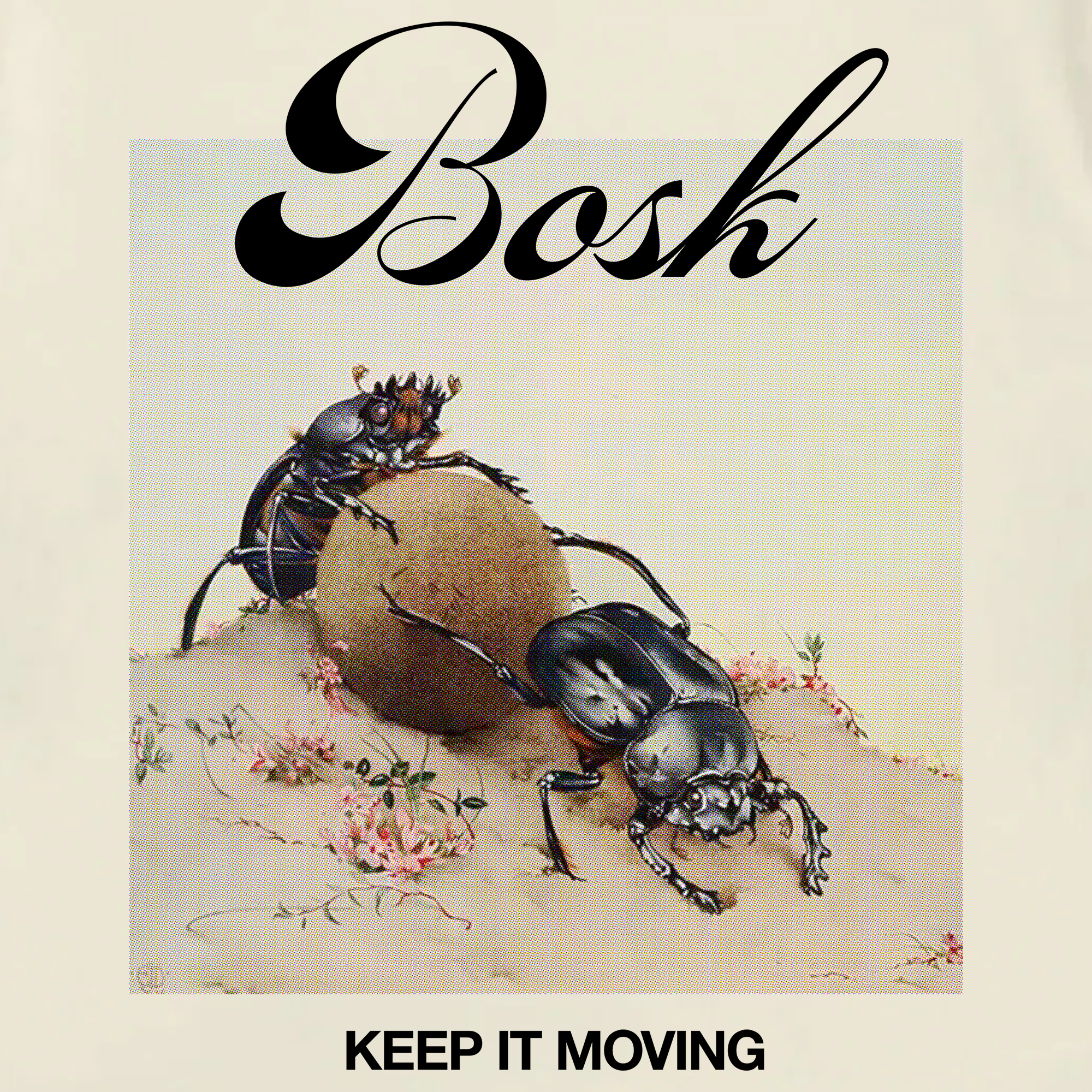 A detailed illustration of two dung beetles with a dung ball on sandy ground with small plants appears on BOSK’s Moving Tee, a classic fit heavy-weight cotton t-shirt with “BOSK” above and “KEEP IT MOVING” below in bold black script.