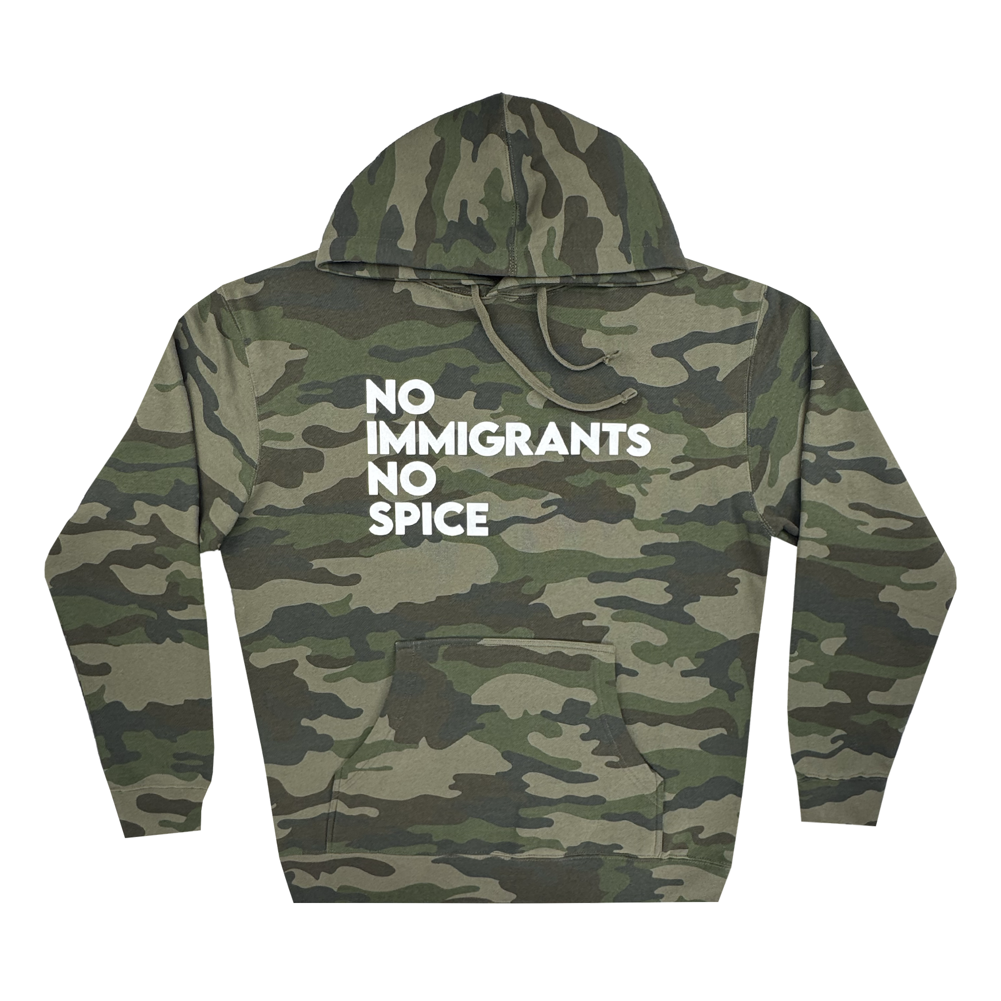 The Oaklandish NINS Hoodie features a green camo pattern on the sleeves, hood, and body, a front pocket, drawstring hood, and bold white “No Immigrants No Spice” text on the chest celebrating spicy pride and immigrant rights.