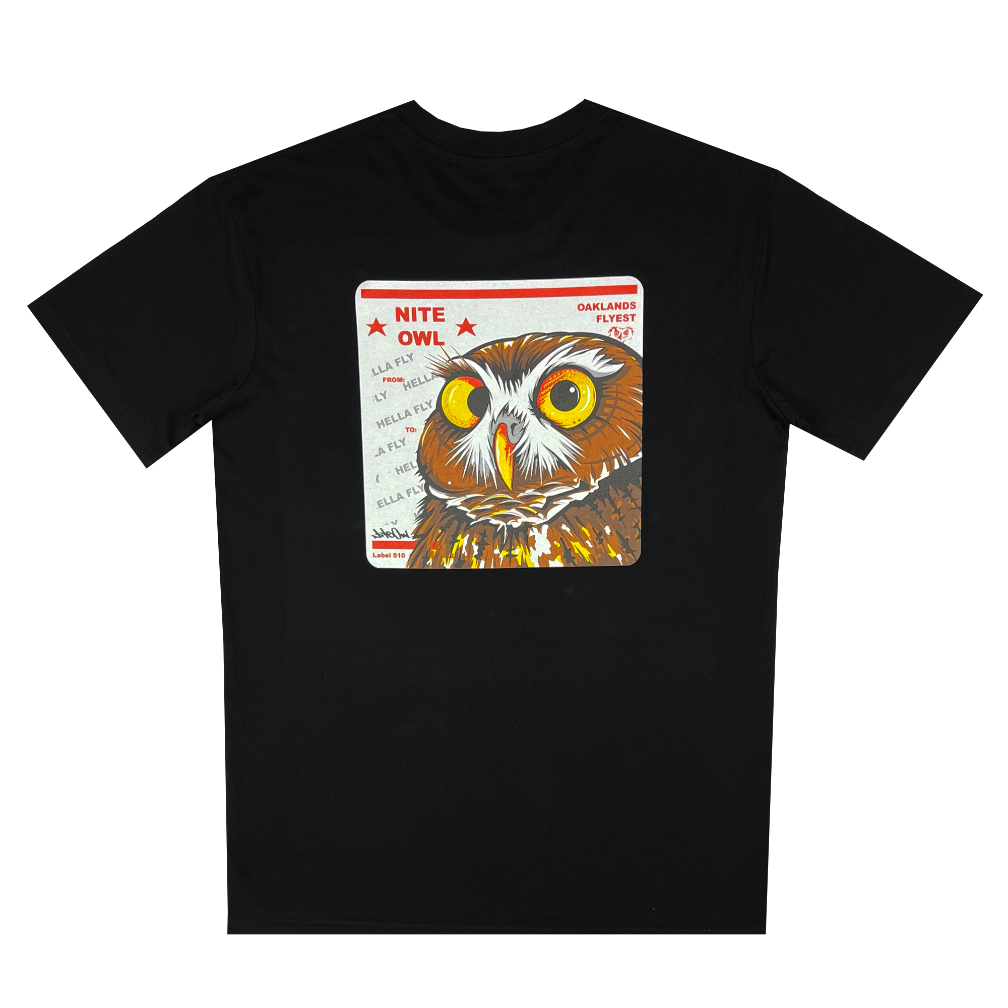 Backside view of a black t-shirt featuring a graphic with a Burrowing Owl designed by Oakland Artist Nite Owl on a USPS sticker.