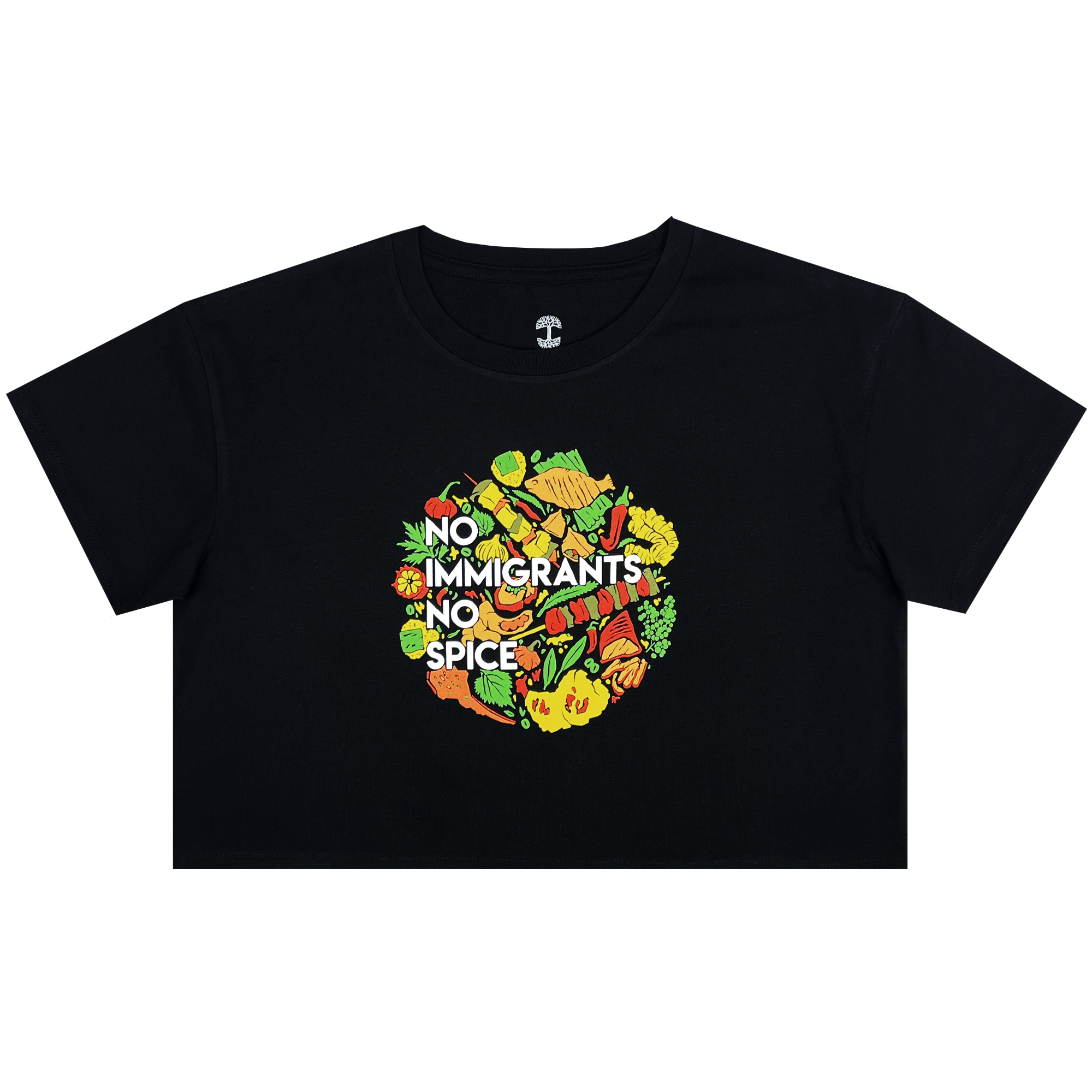 Women's black cropped t-shirt with white NO IMMIGRANTS NO SPICE wordmark on full-color BBQ without borders graphic on the front chest.