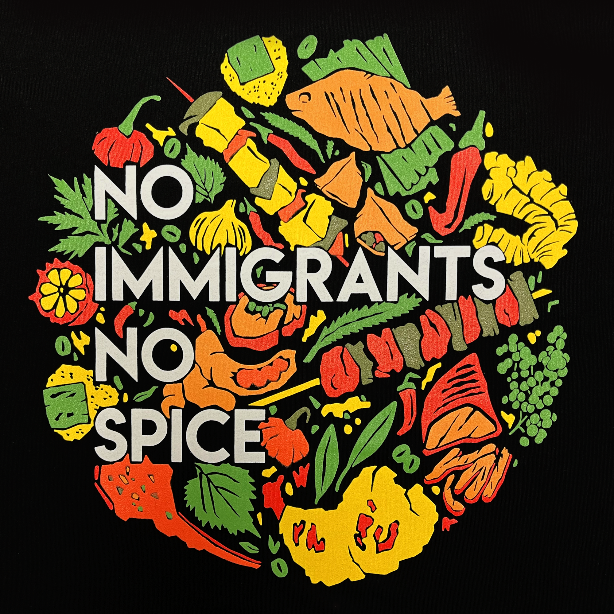 Detailed close-up of NO IMMIGRANTS NO SPICE wordmark on full-color BBQ without borders graphic on the front chest of a black cropped t-shirt. 