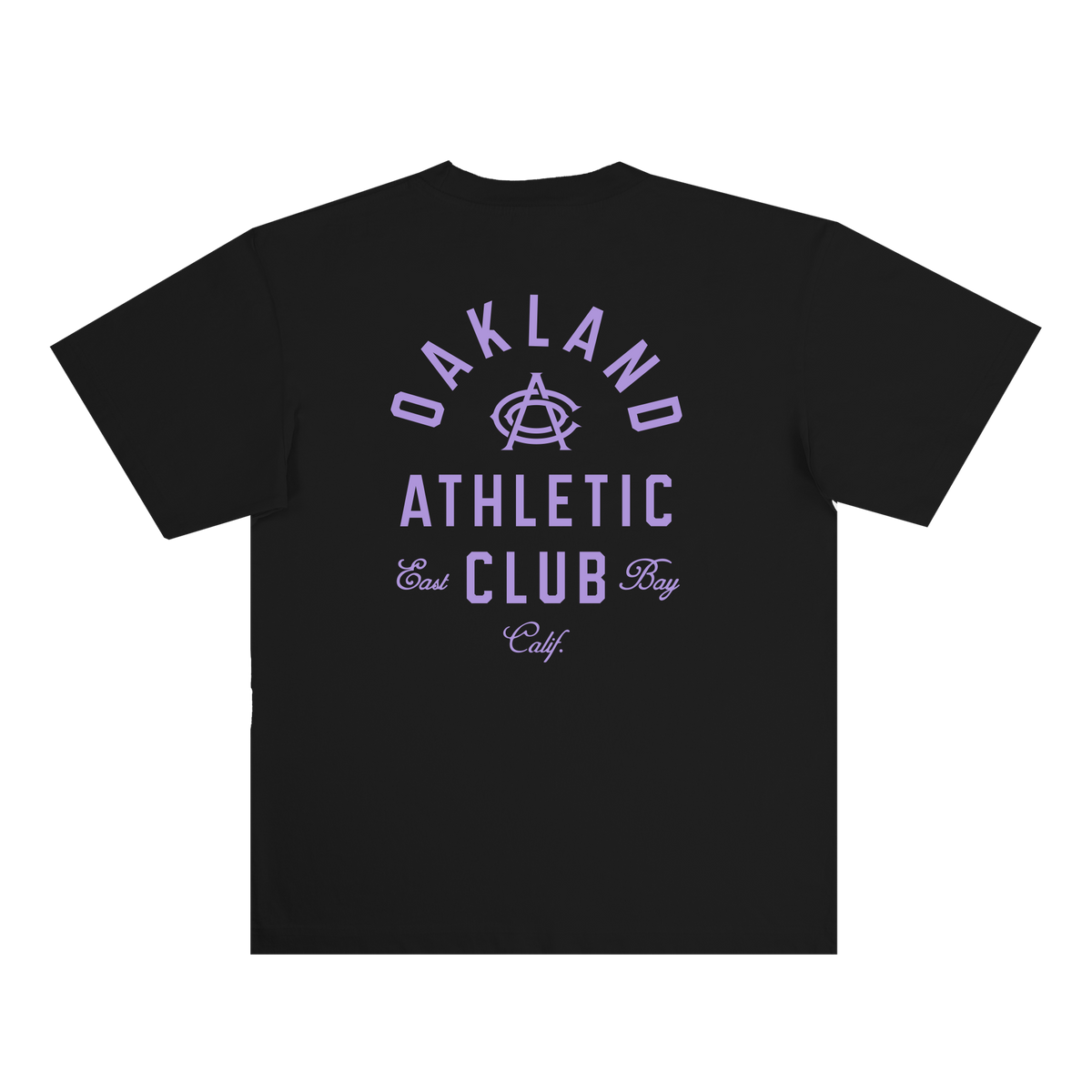 Introducing the OAC Tee by OAC: a black, heavy-weight cotton T-shirt featuring “OAKLAND ATHLETIC CLUB East Bay Calif.” in lavender text across the back and a circular logo with a stylized “A” and arrows at the center. This classic-fit tee celebrates the storied legacy of the Oakland Athletic Club.