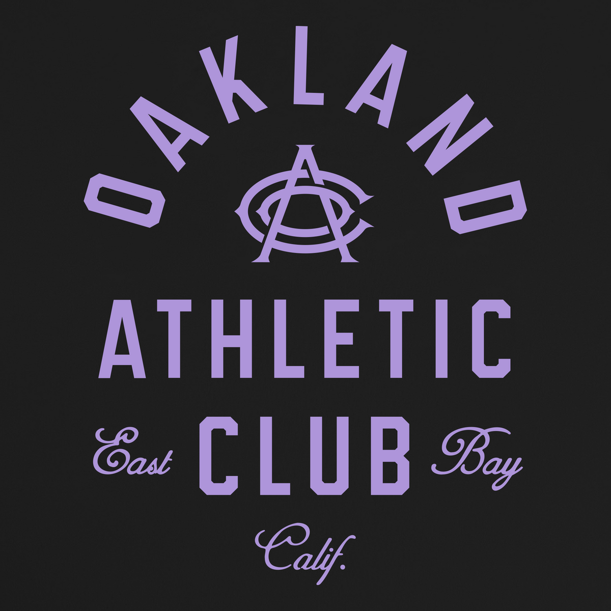 Purple text reading “OAKLAND ATHLETIC CLUB” appears on a black background, featuring a stylized “AC” logo. The phrase “East Bay” is written in cursive on either side of “CLUB,” and “Calif.” is displayed at the bottom in cursive. The OAC Tee by OAC is a classic fit t-shirt made from heavy-weight cotton, celebrating the iconic style of the Oakland Athletic Club.