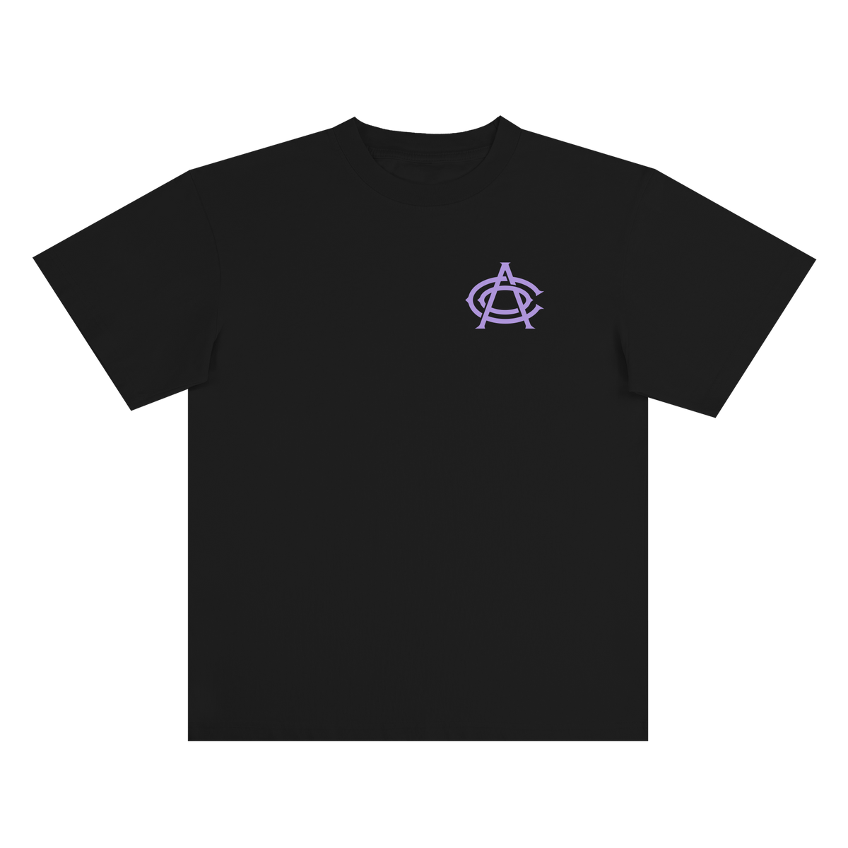 OAC’s classic-fit OAC Tee in black features short sleeves and a small purple Oakland Athletic Club logo—a distinctive overlapping “A” and “C” crossed by a diagonal line—printed on the left chest. Made from heavy-weight cotton, the shirt is photographed flat against a plain white background.