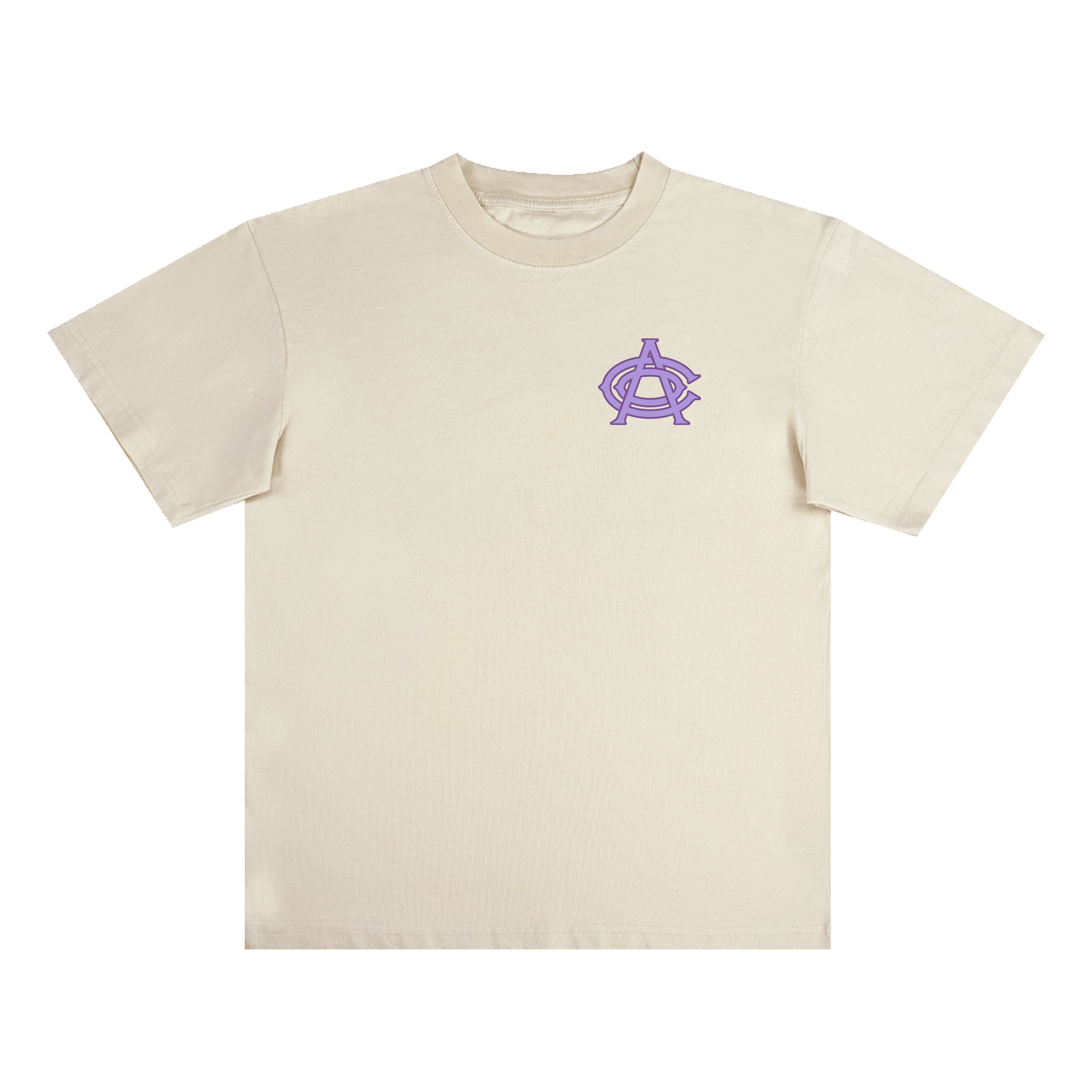 The OAC Tee by OAC is a classic-fit, heavyweight cotton t-shirt in plain beige with short sleeves and a crew neckline. A stylized purple “OAC” logo is featured on the left chest, while the rest of the shirt remains free of any other designs or patterns.