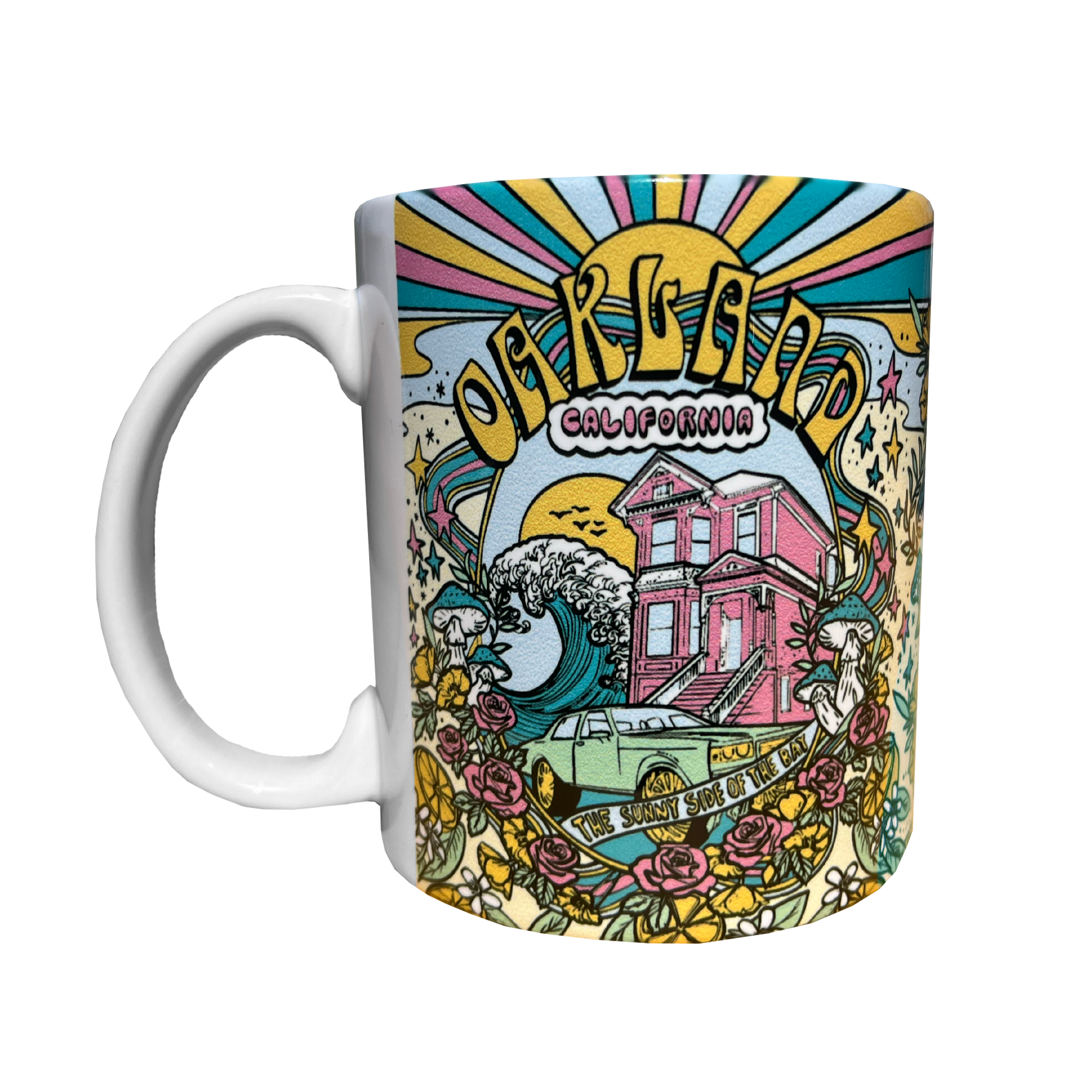 Reverse side of Oakland Dream mug with Oakland dream all over print and C handle.