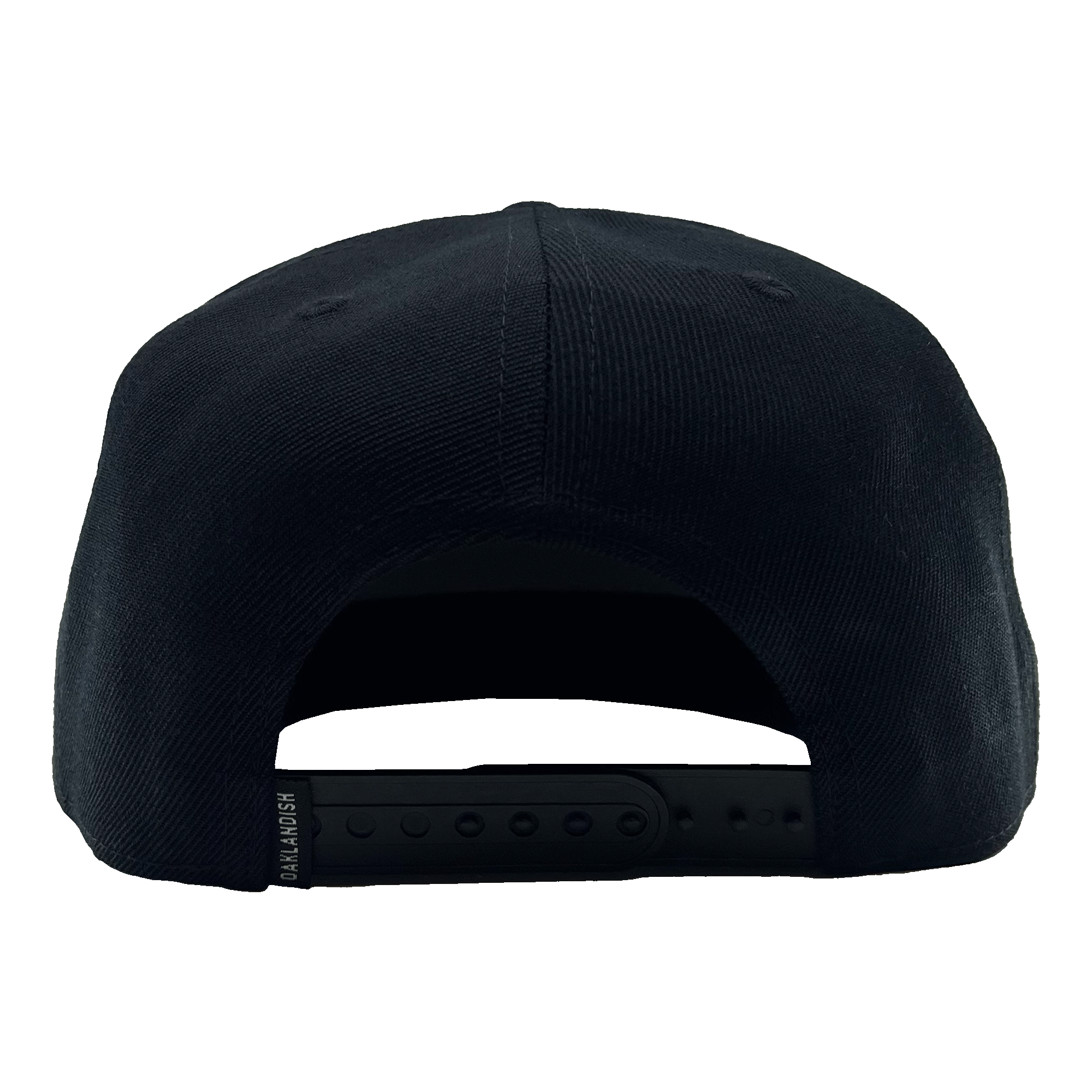 Back view of a black hat with black adjustable snapback closure with small Oakladish wordmark tag. 