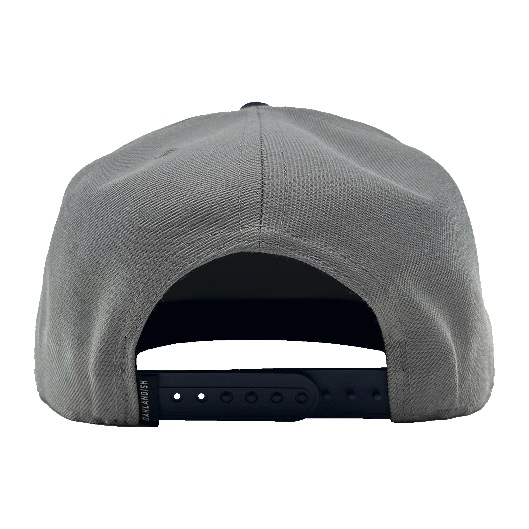 Back view of a grey hat with black adjustable snapback closure with small Oakladish wordmark tag. 