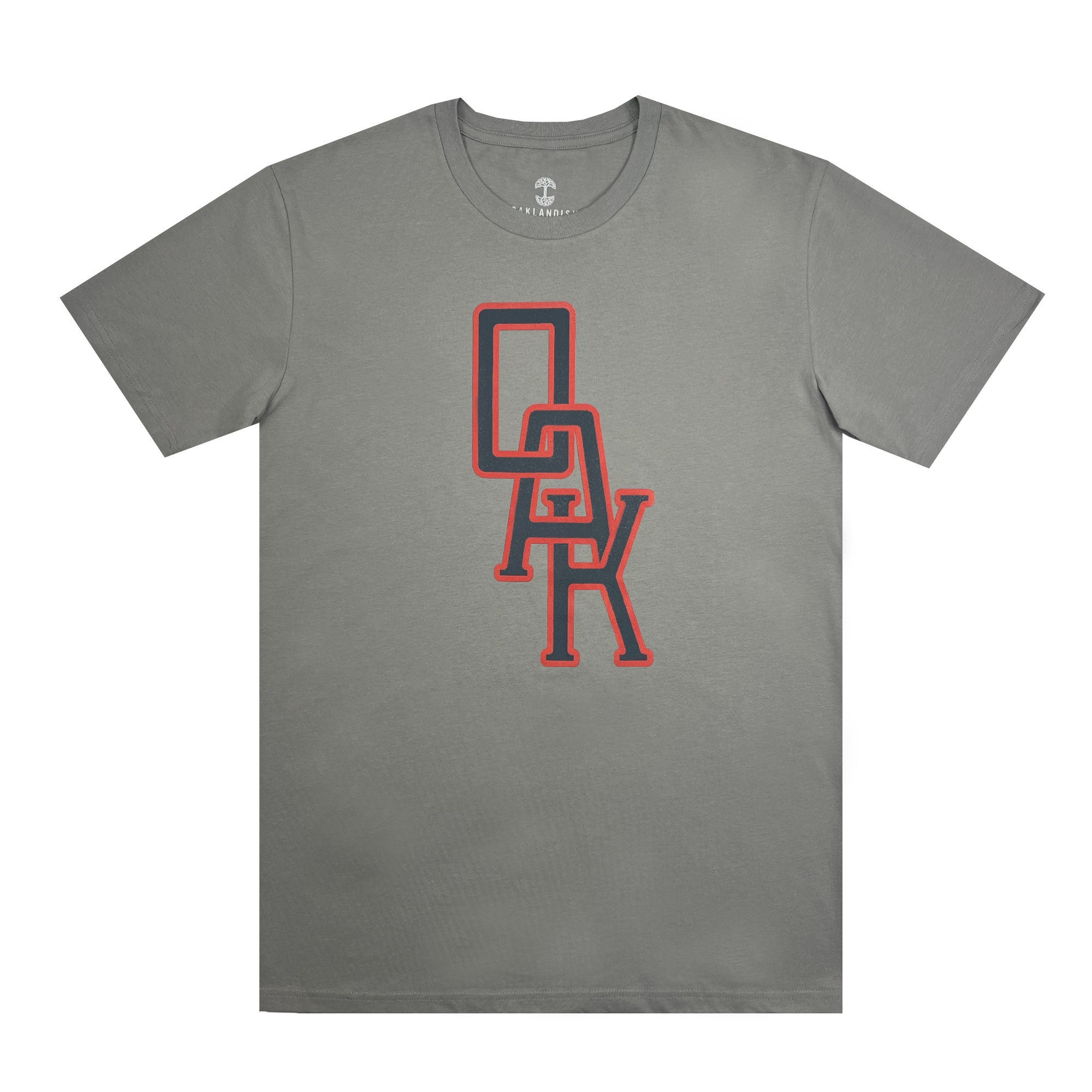 Front view of a grey t-shirt with OAK monogram design centered in Navy and red.