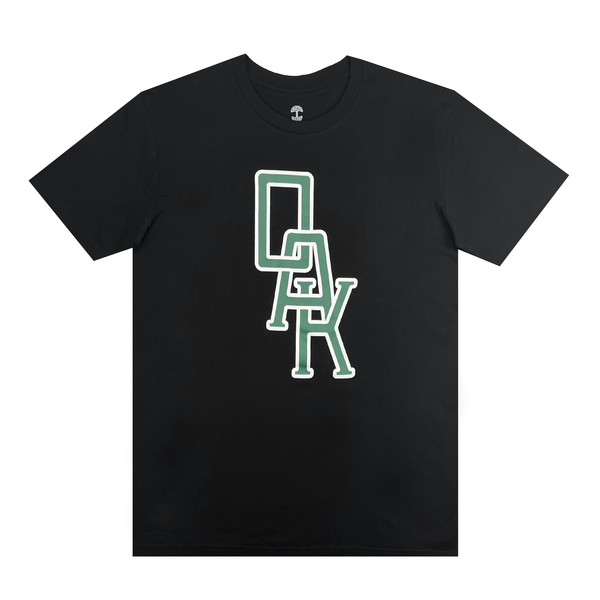 Front view of a black t-shirt with OAK monogram design centered in green and white.