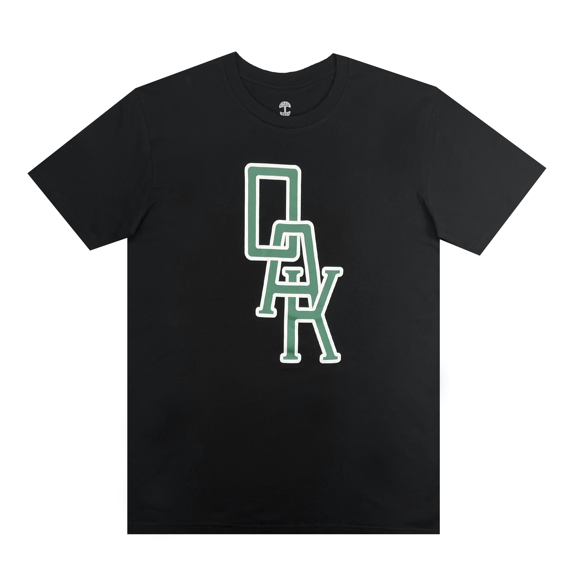 The OAK Monogram Tee by Oaklandish is a black, classic fit T-shirt made from 100% cotton. It features a stylized graphic with the vertically stacked word "OAK" in large, bold letters. The green lettering, outlined in white, has the "O" at the top, "A" in the middle, and "K" at the bottom with slight interlocking of the letters.
