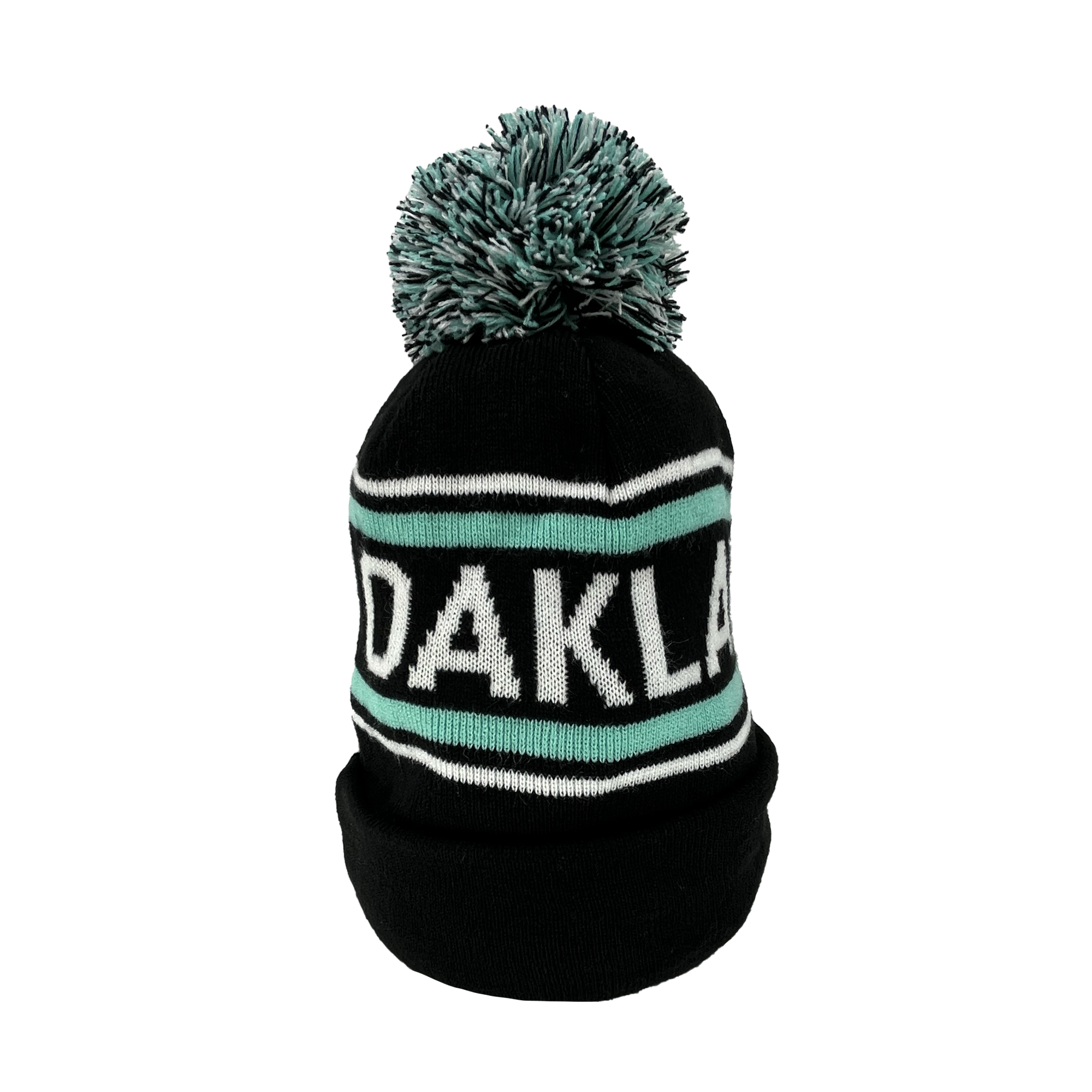 OaklandRun co black pom beanie with white Oakland 360 wordmark and green and white stripes. 