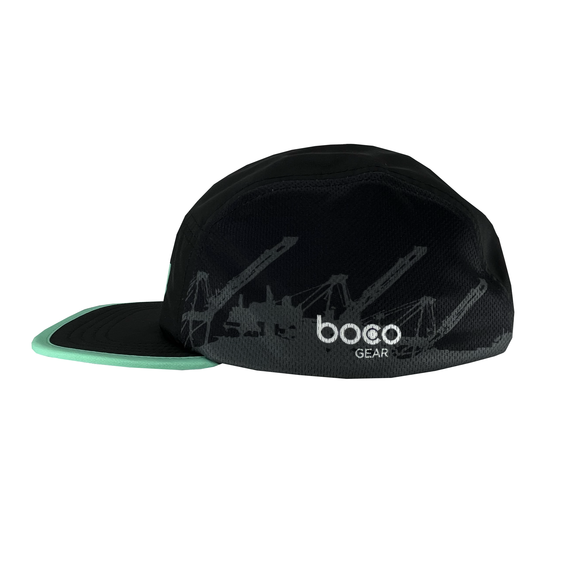 Side view of black mesh running cap with boco gear wordmark and grey imprint of Oakland cranes.