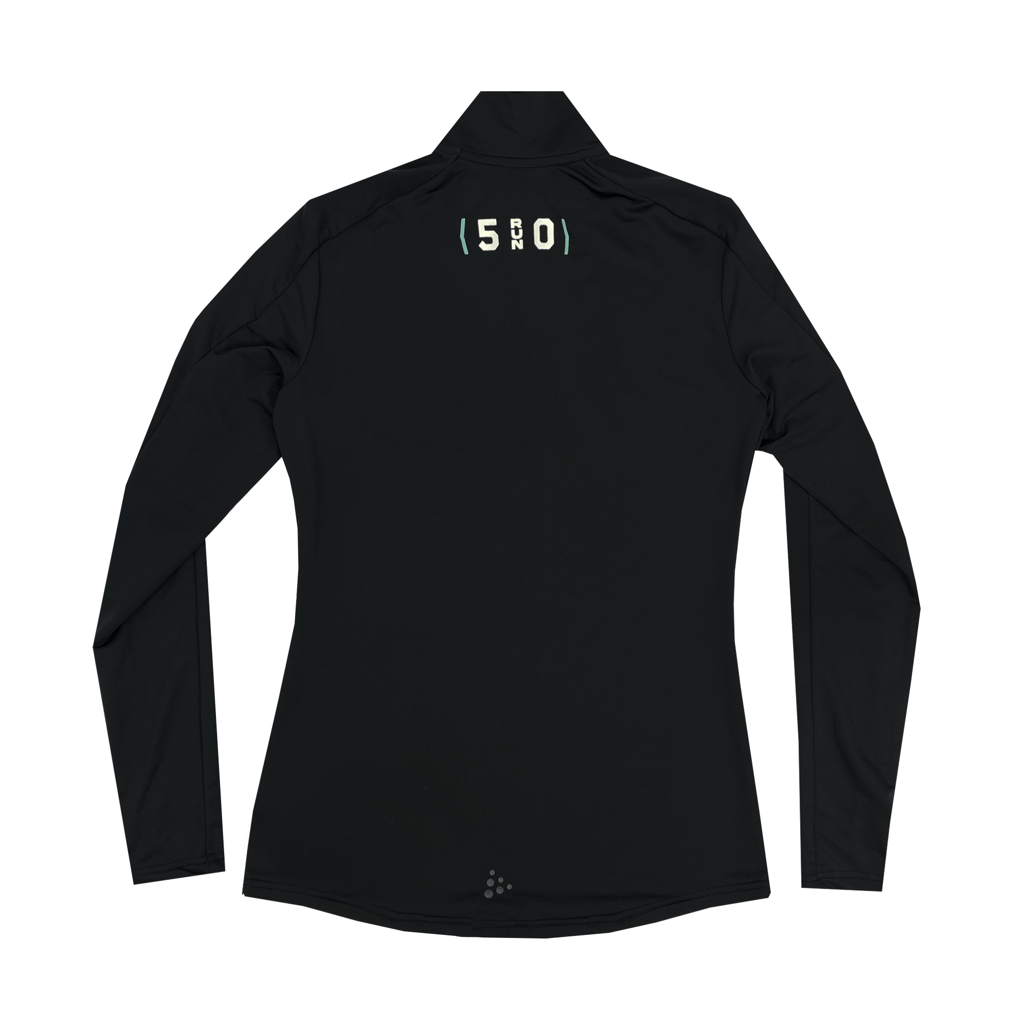 Back view of black pullover long-sleeve running shirt  with 510 run wordmark under the collar.
