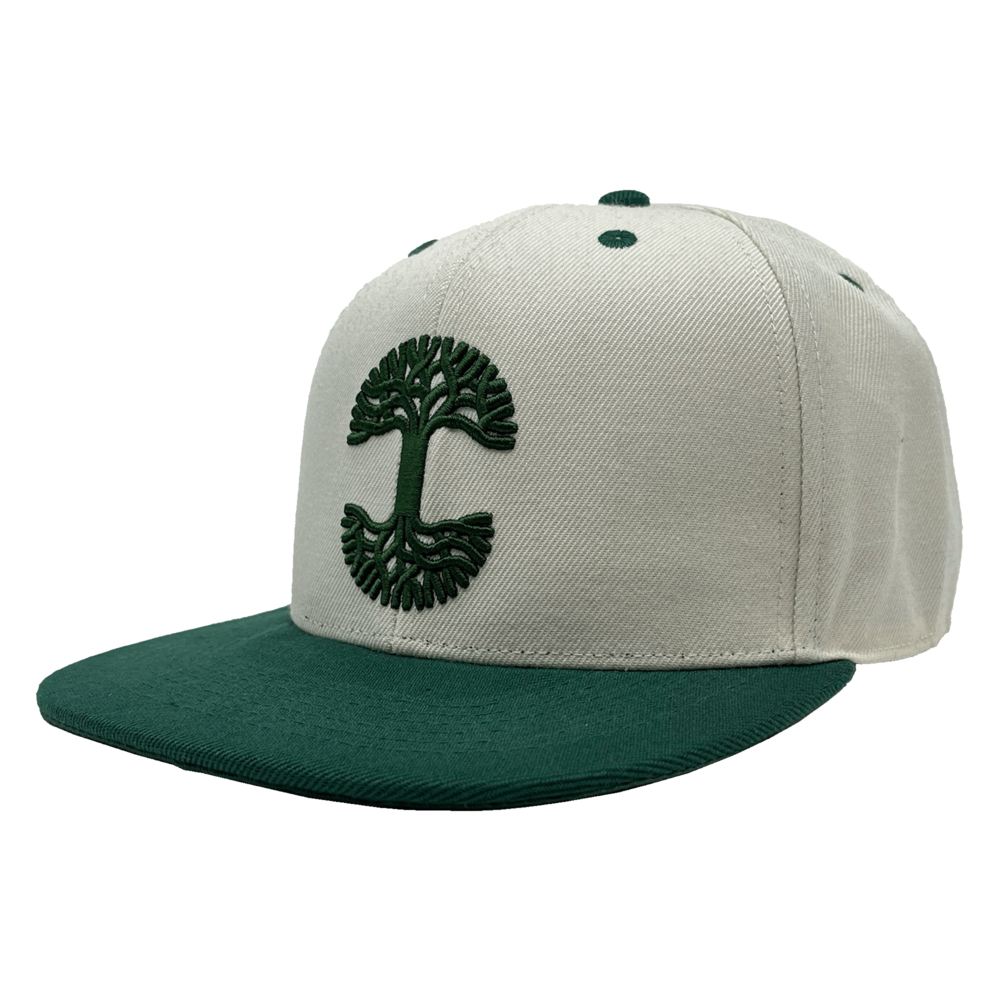 Angled side view of a white hat with green bill and green embroidered Oaklandish tree logo on the front crown.