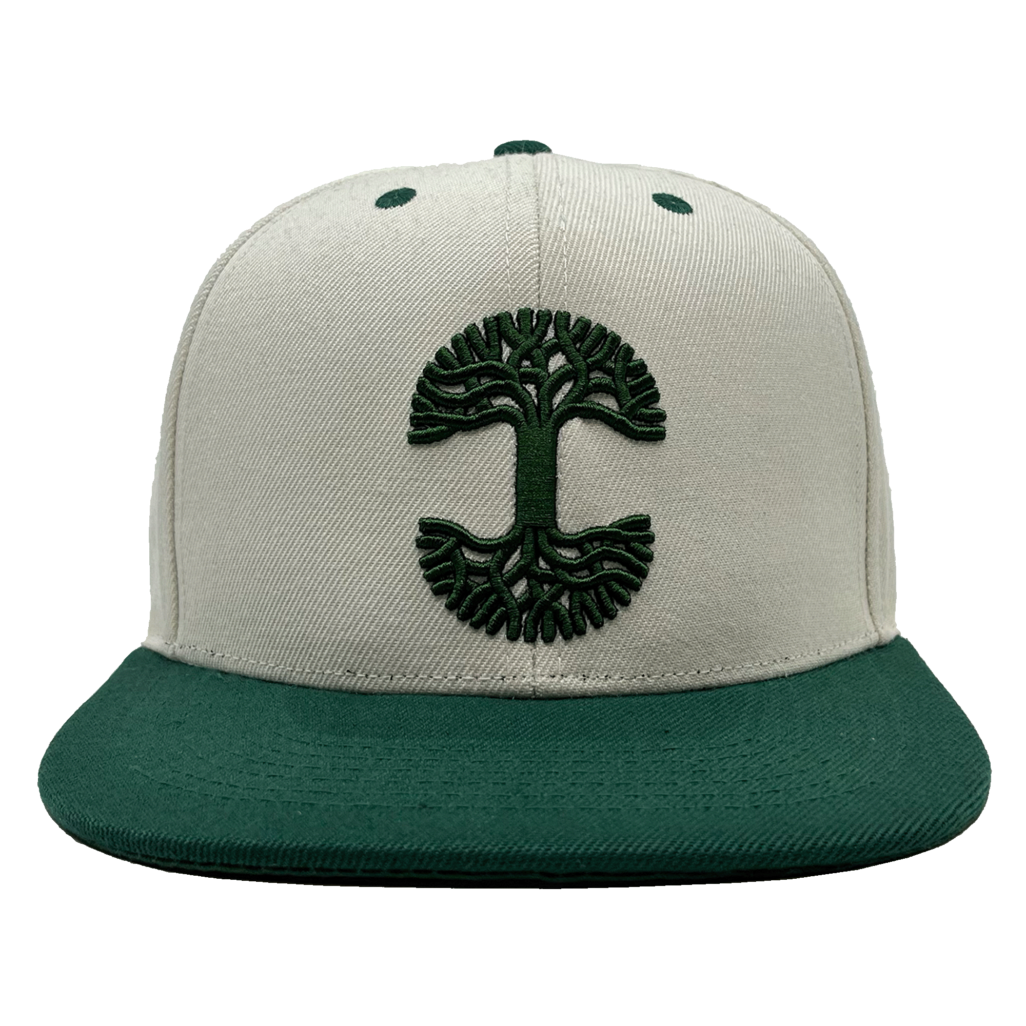 Front view of a white hat with green bill and green embroidered Oaklandish tree logo on the front crown.