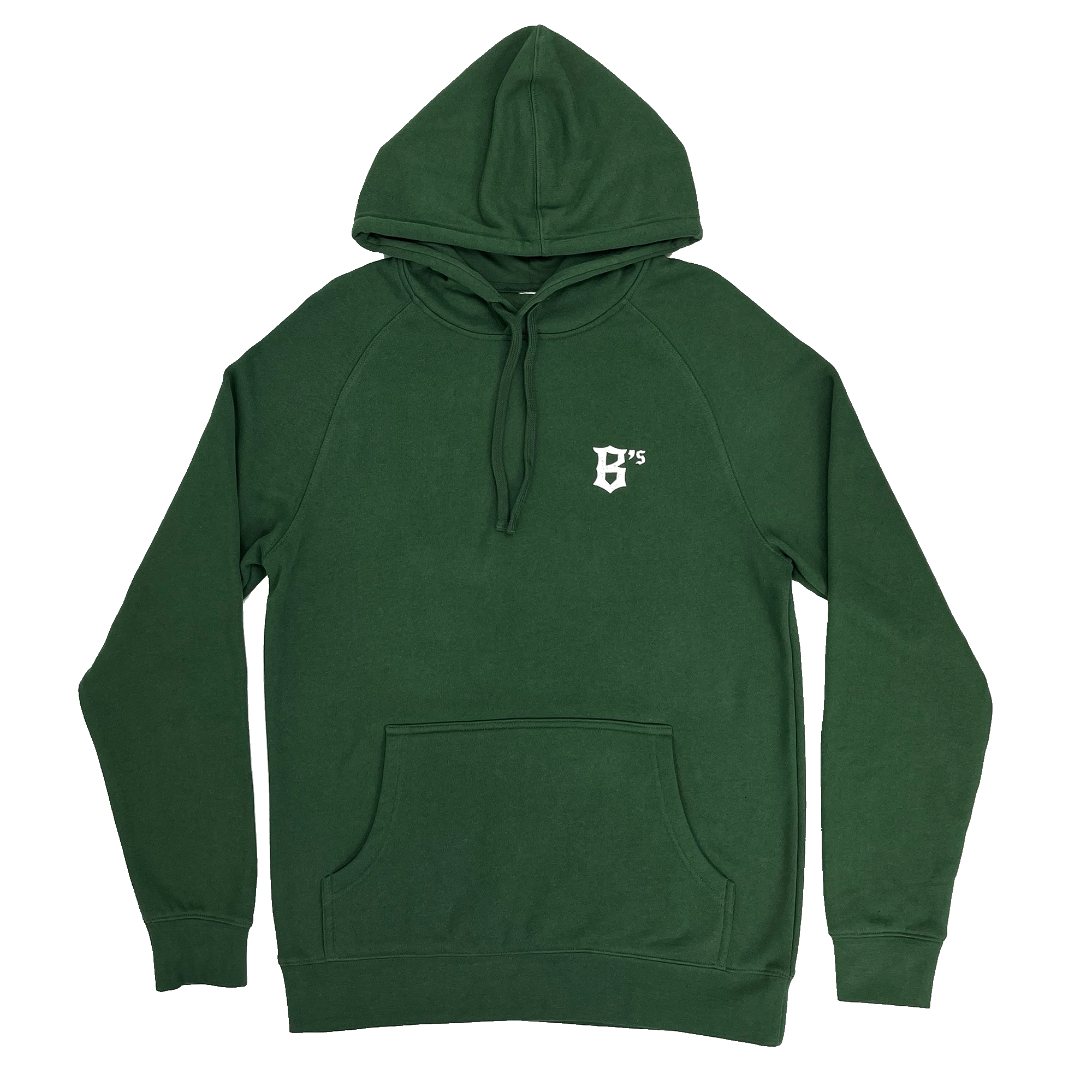B's text in white ink on Forest pullover.