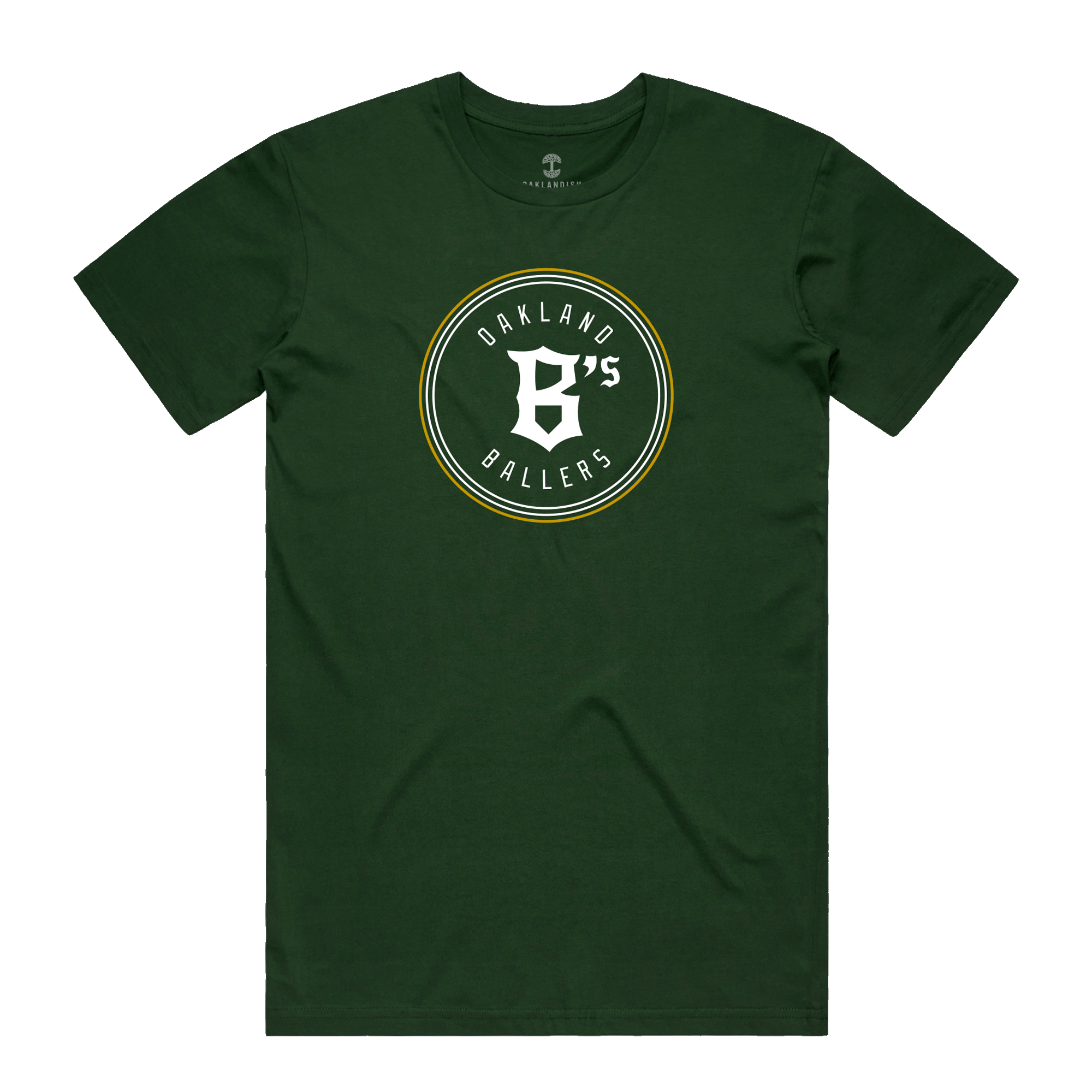 Front view of forest green t-shirt with Oakland B's Ballers classic white and gold logo on the chest.