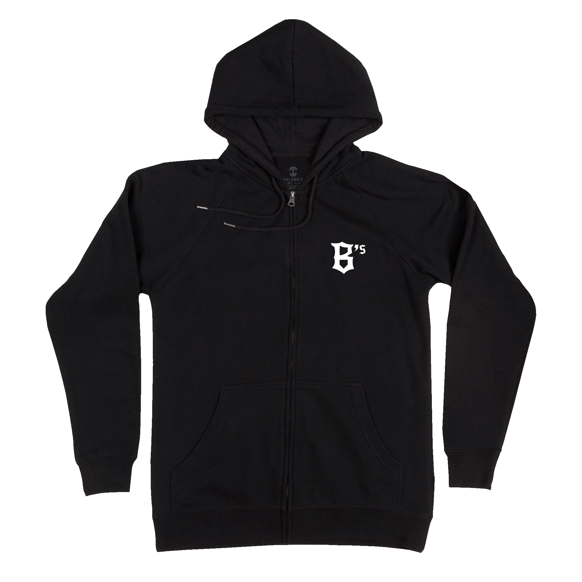 Front view of a black zip-up hooded sweatshirt with Oakland B’s logo on the front chest.
