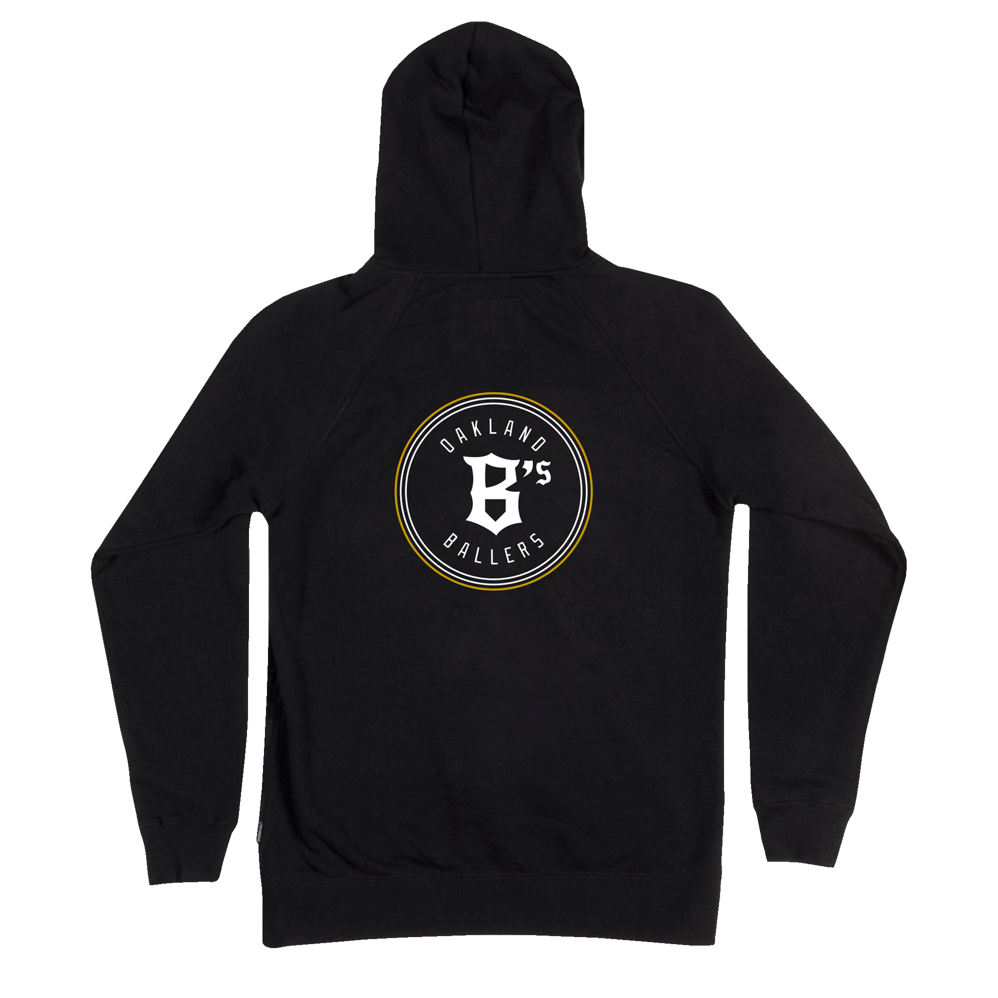 Backside view of a black zip-up hooded sweatshirt with a large round white and gold Oakland Ballers logo and wordmark on center back.