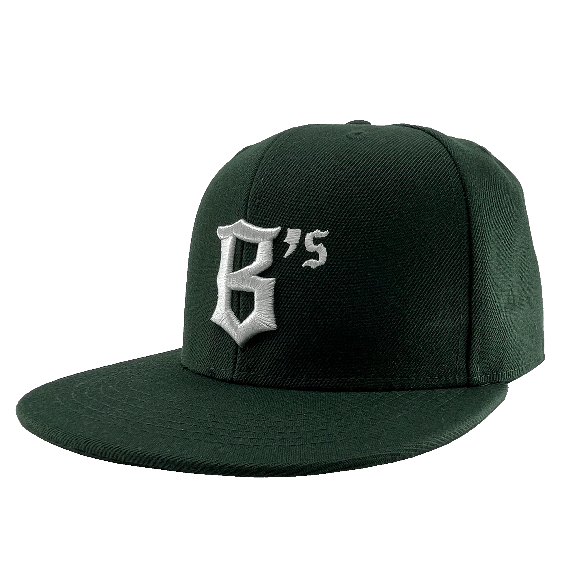 The Oakland Ballers Snapback by Oakland Ballers is a dark green cap with a flat brim, featuring a prominent white embroidered logo with the stylized text "B'5" on the front. Inspired by the professional baseball team, this cap boasts a smooth texture and simple design for a clean and modern look.