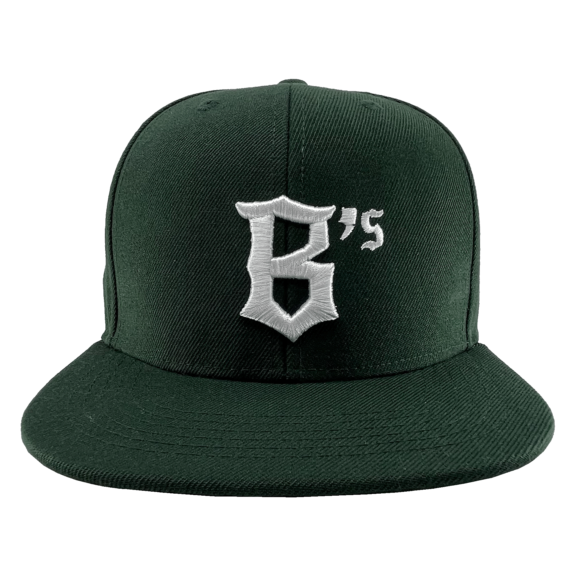 An Oakland Ballers Snapback in dark green with a flat-brim design, featuring a white embroidered logo that showcases a stylized "B" followed by an apostrophe and the number 5, forming "B's". Perfect for showing support for your favorite professional baseball team, the Oakland Ballers. The cap is displayed against a white background.