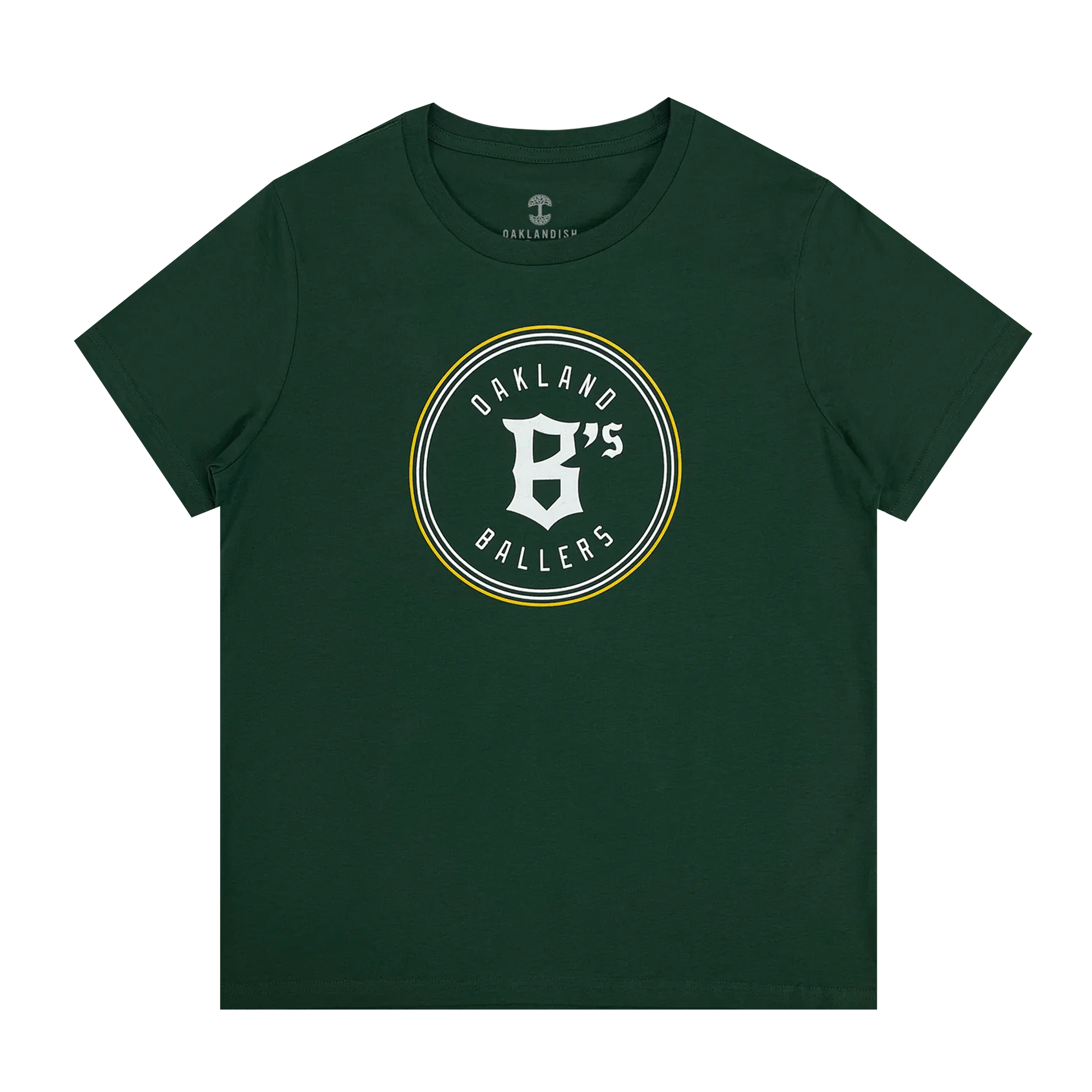 Front view of a women’s green t-shirt with a large round white and gold Oakland Ballers logo and wordmark on center chest.