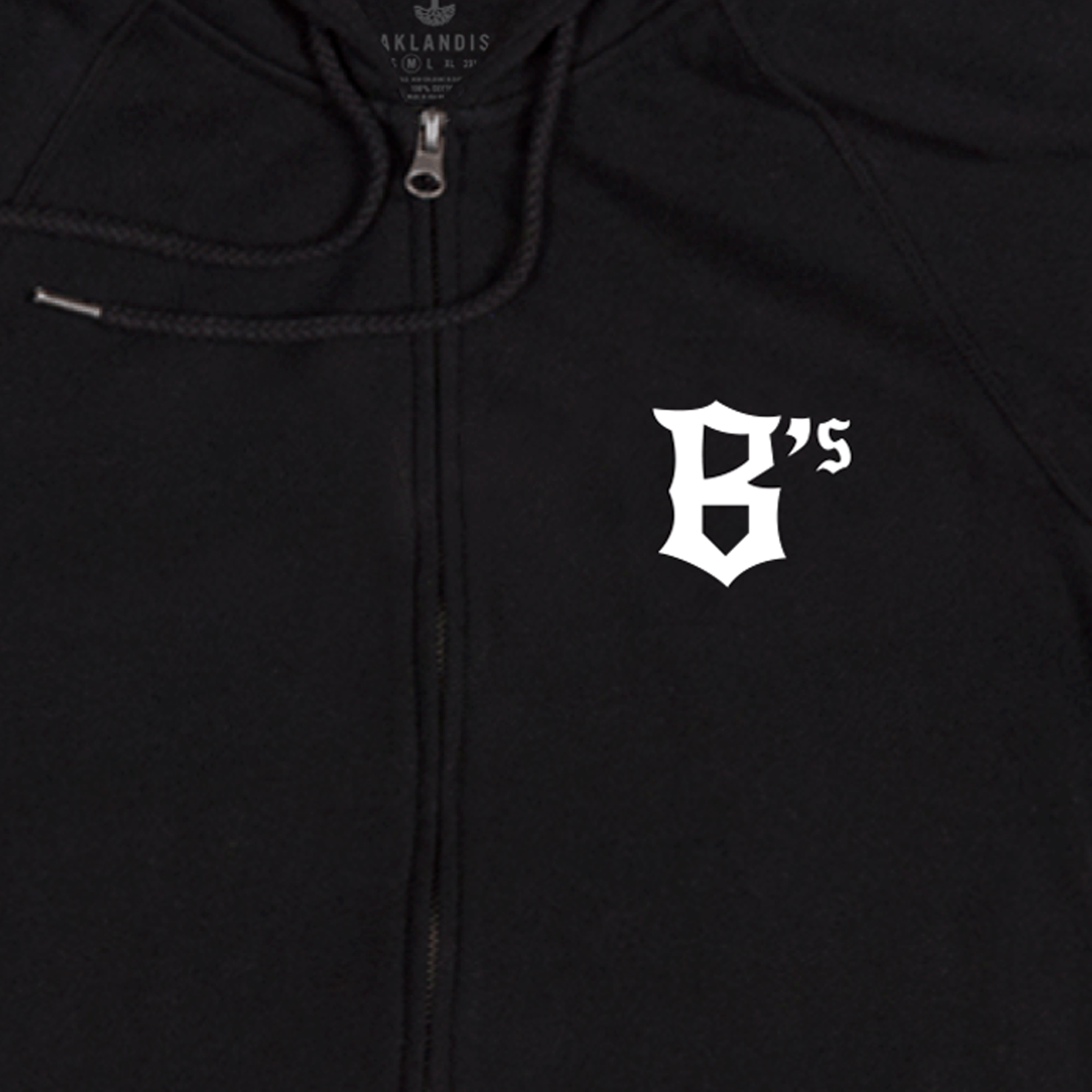 Close-up of Oakland B’s logo on the front chest of a black zip-up hooded sweatshirt. 