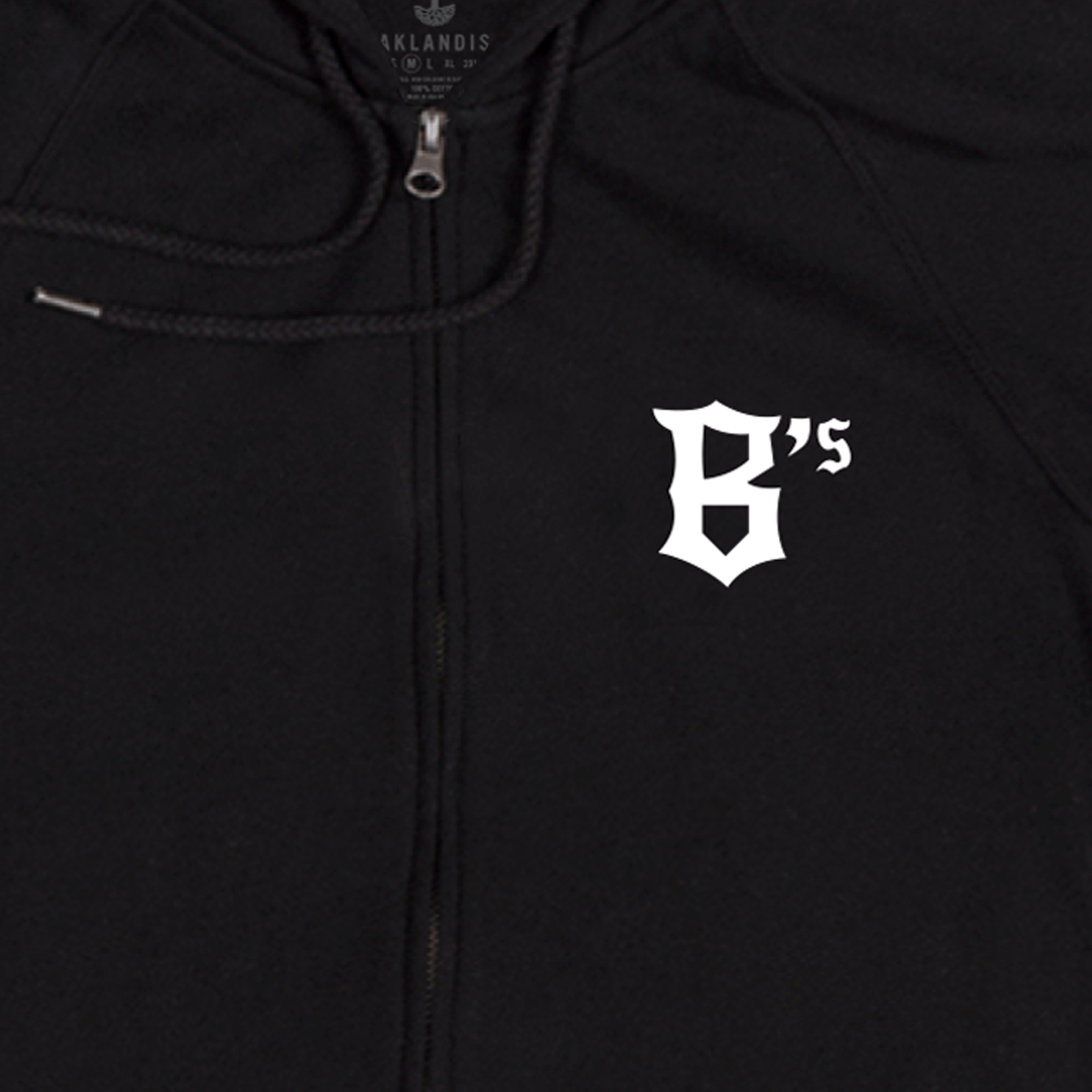 Oakland Ballers Logo Zip hoodie in black, featuring a white "B's" design on the left chest. The letter "B" is stylized in a gothic font with a matching small "s." This hoodie includes a drawstring hood and a front zipper closure, inspired by the Oakland Ballers' professional baseball team.