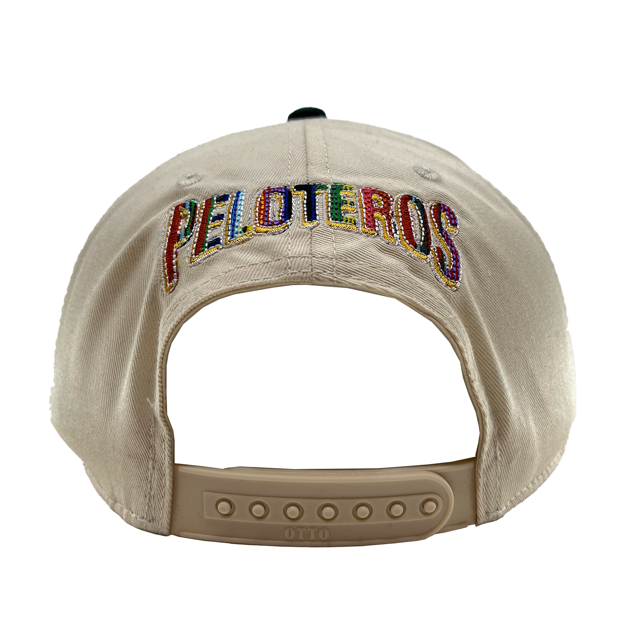 The Oakland Beisbol 5 Panel Cap by Oakland Ballers is a beige baseball cap with a beige snapback strap. "PELOTEROS" is embroidered in colorful, patterned letters across the back, nodding to the Oakland Ballers of the Pioneer League.