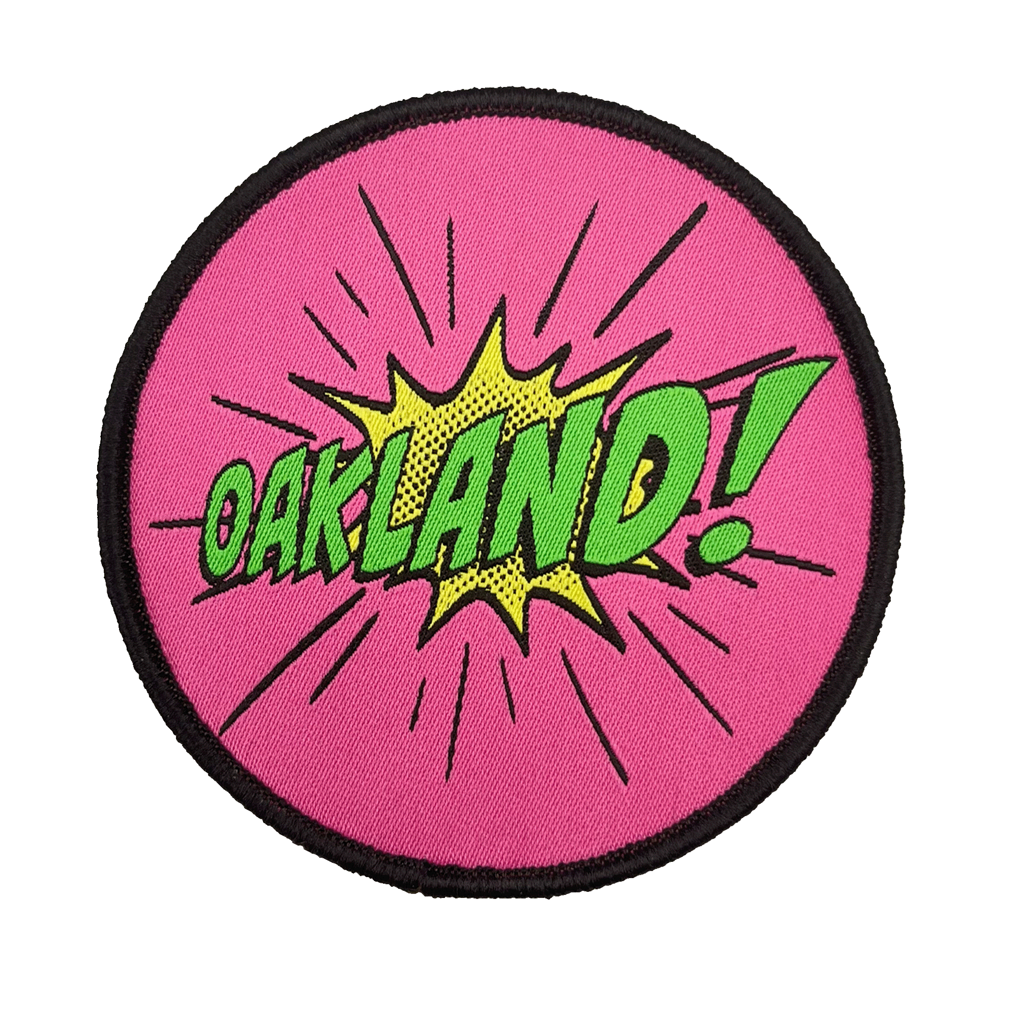 Embroidered iron-on patch with Oakland wordmark in comic cartoon punch style in pink, green and yellow.