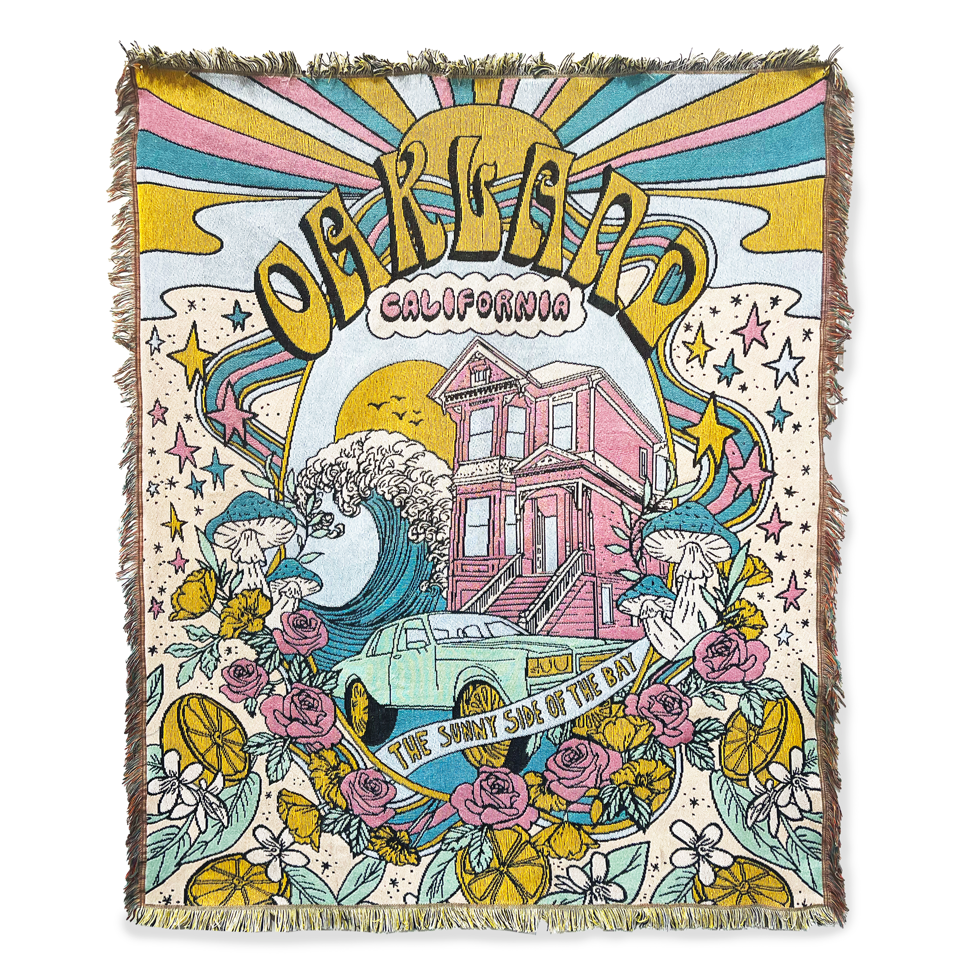 Front view of multi-color pastels Oakland dreaming blanket.