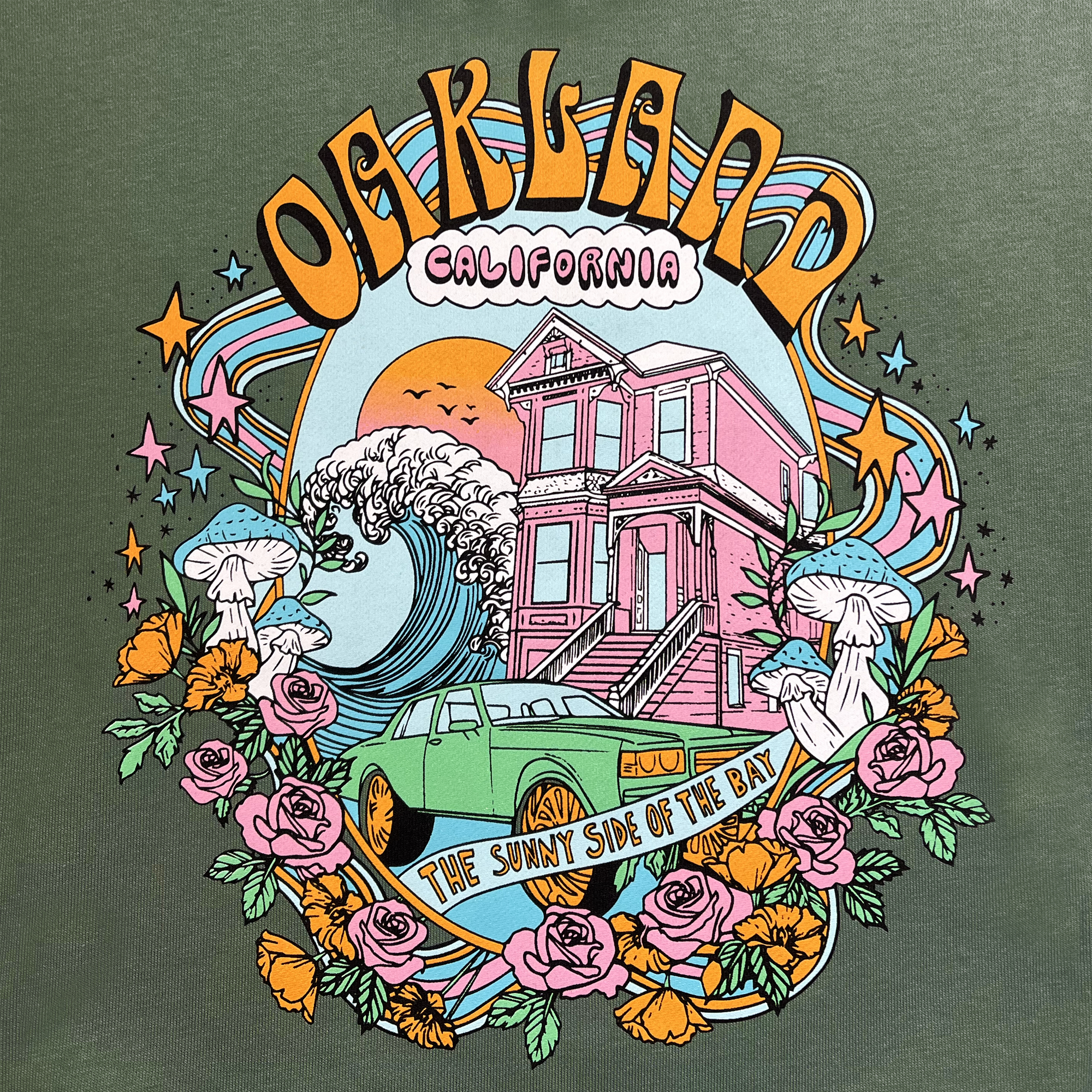 Detail back view of premium green hoodie with Oakland Dream design .