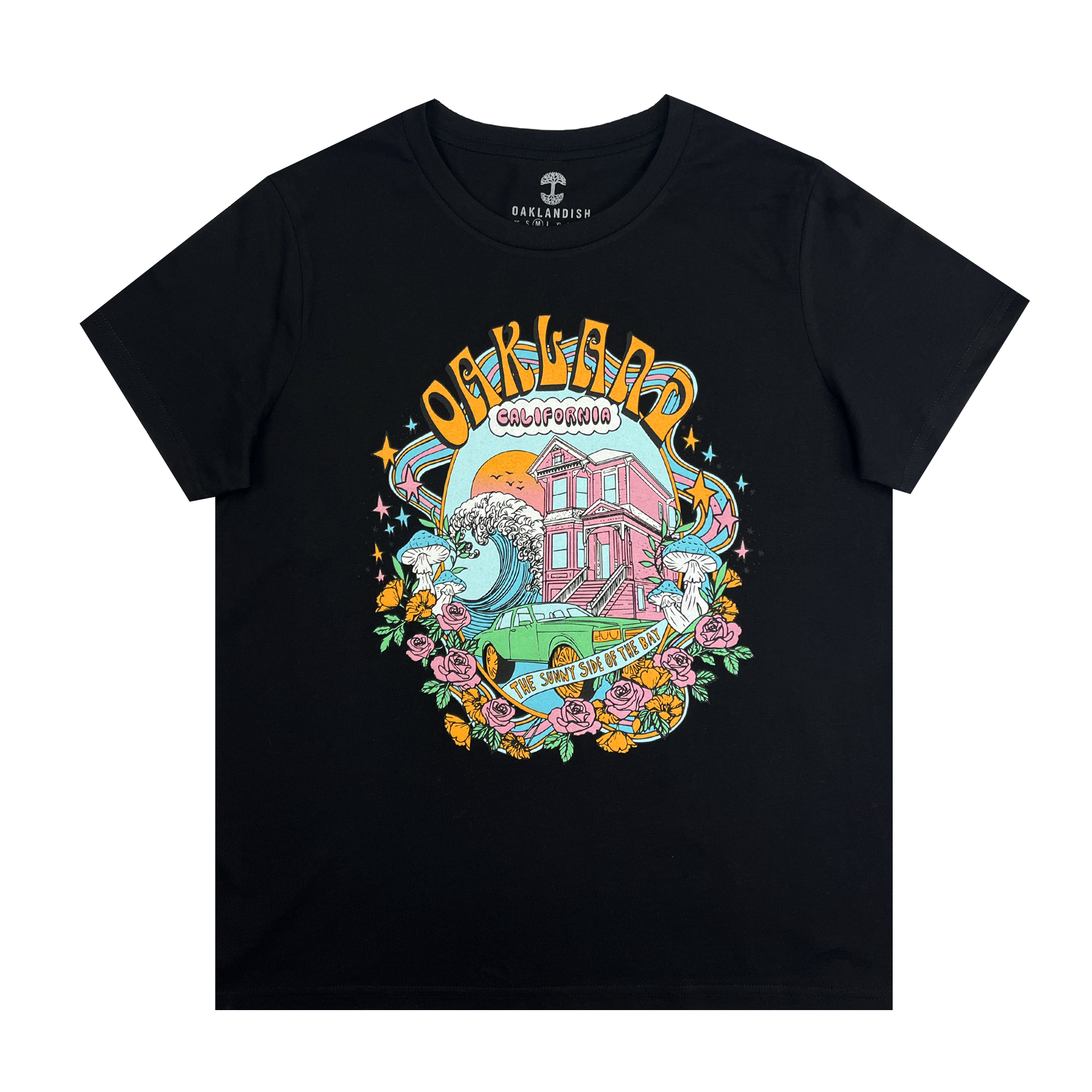 Front view of Women's black cotton t-shirt with Oakland dream design.