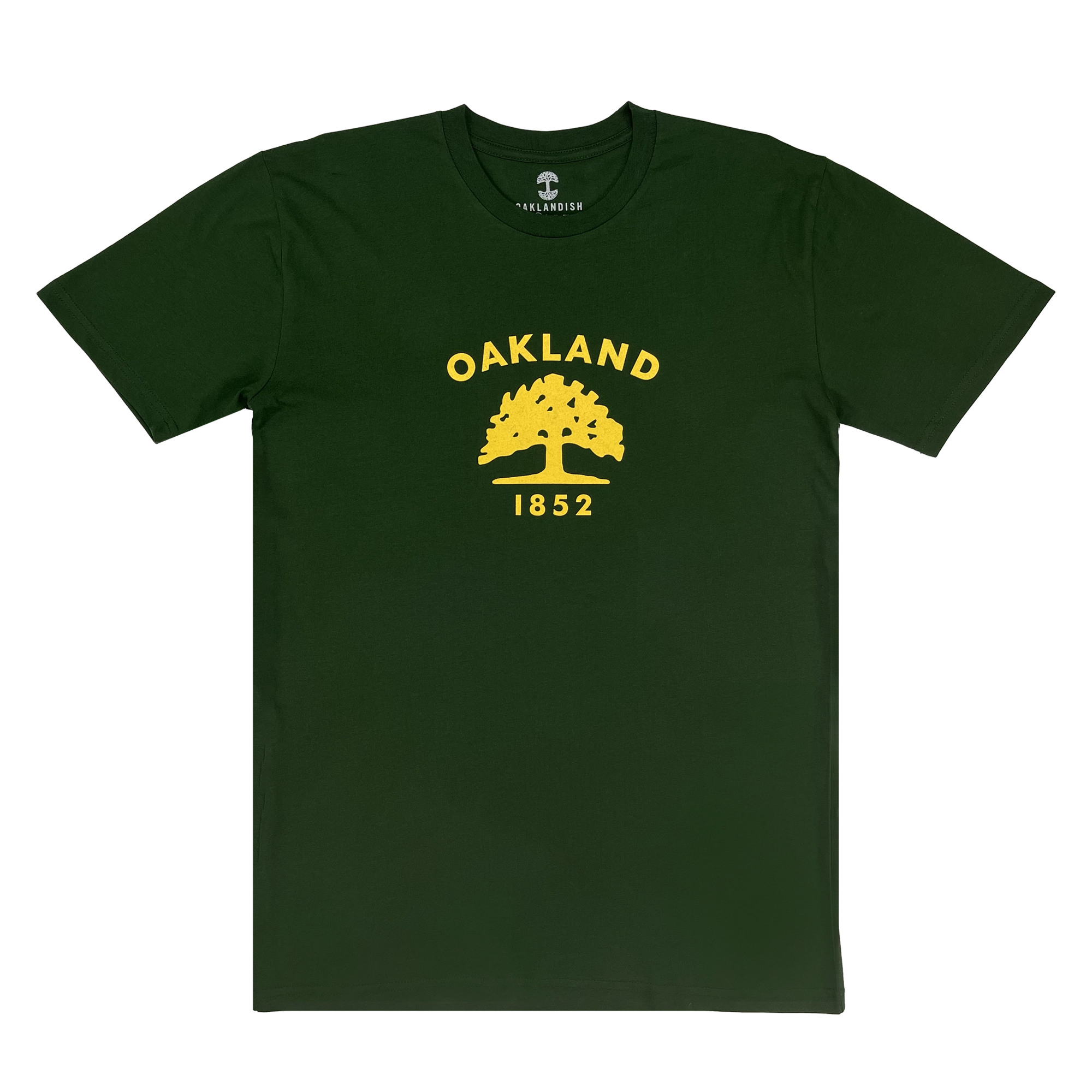 Forest green  t-shirt with yellow Oakland 1852 Flag graphic.
